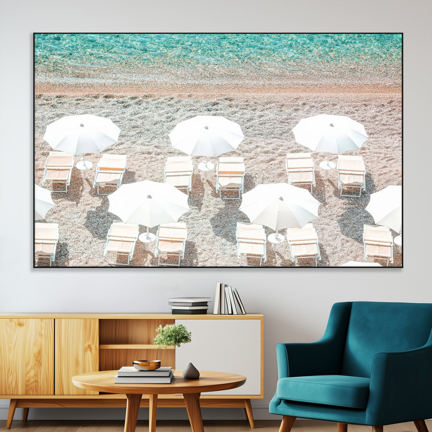 SEG-FC-51X34_Oversize - Calm Beach Wall Art Canvas Print, Framed Turquoise Water Art Picture Print, Umbrella Shoreline Perfect Coastal Minimalist Decor Artwork