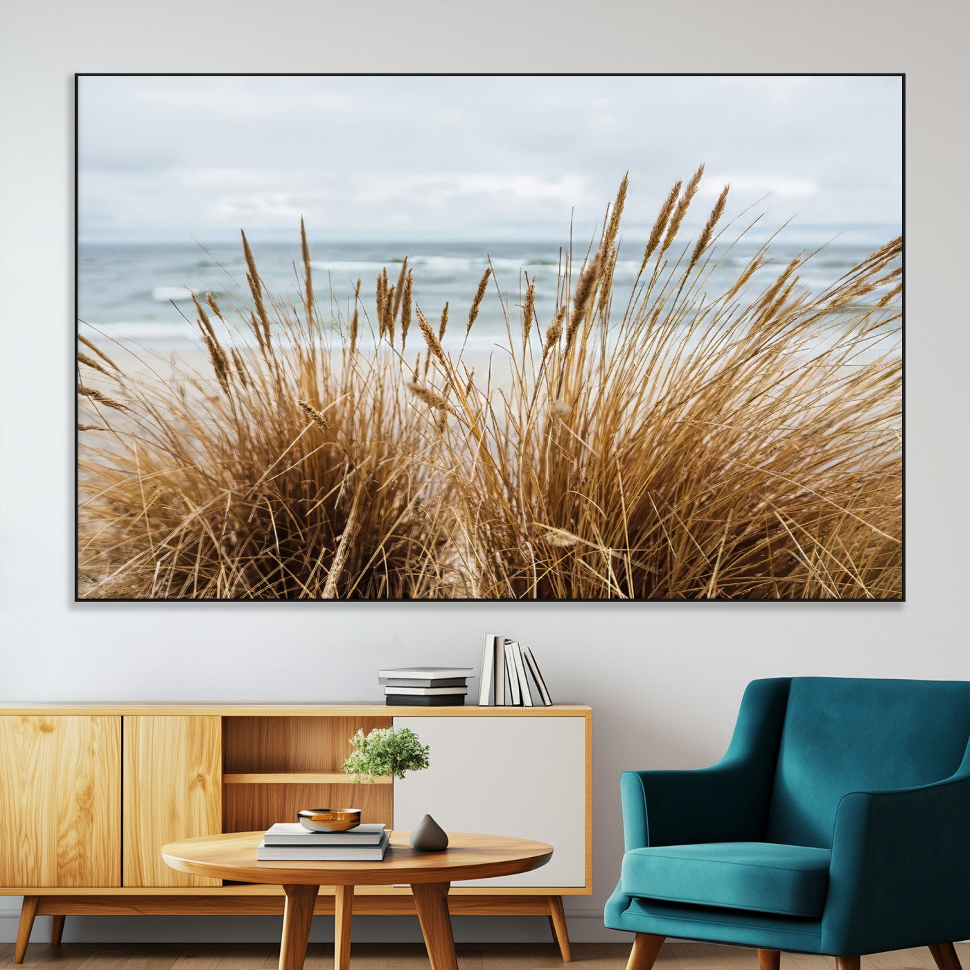 SEG-FC-51X34_Oversize - Beach Grass Wall Art Canvas Print, Framed Coastal Dunes Art Picture Print, Dune Grass Perfect Coastal Minimalist Decor Artwork
