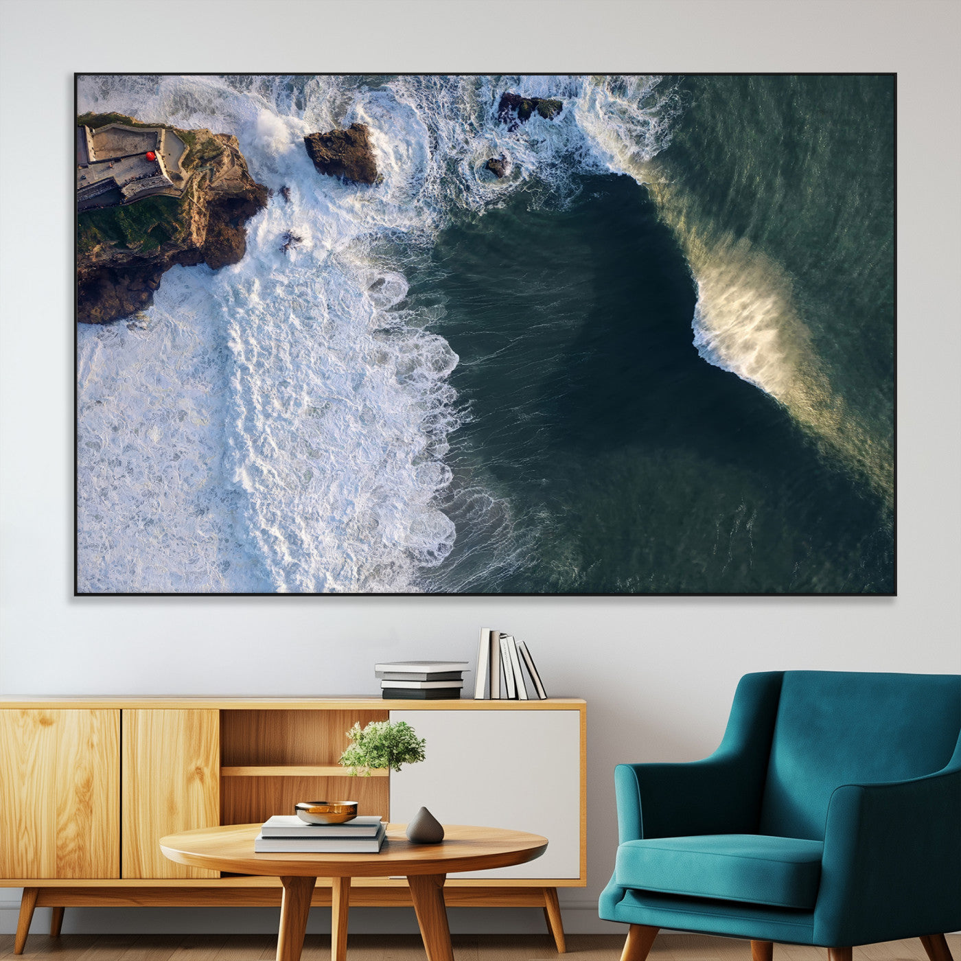 SEG-FC-51X34_Oversize - Nazaré Coast Wall Art Canvas Print, Framed Aerial Ocean Art Picture Print, Coastal Fortress Perfect Dramatic Coastal Decor Artwork