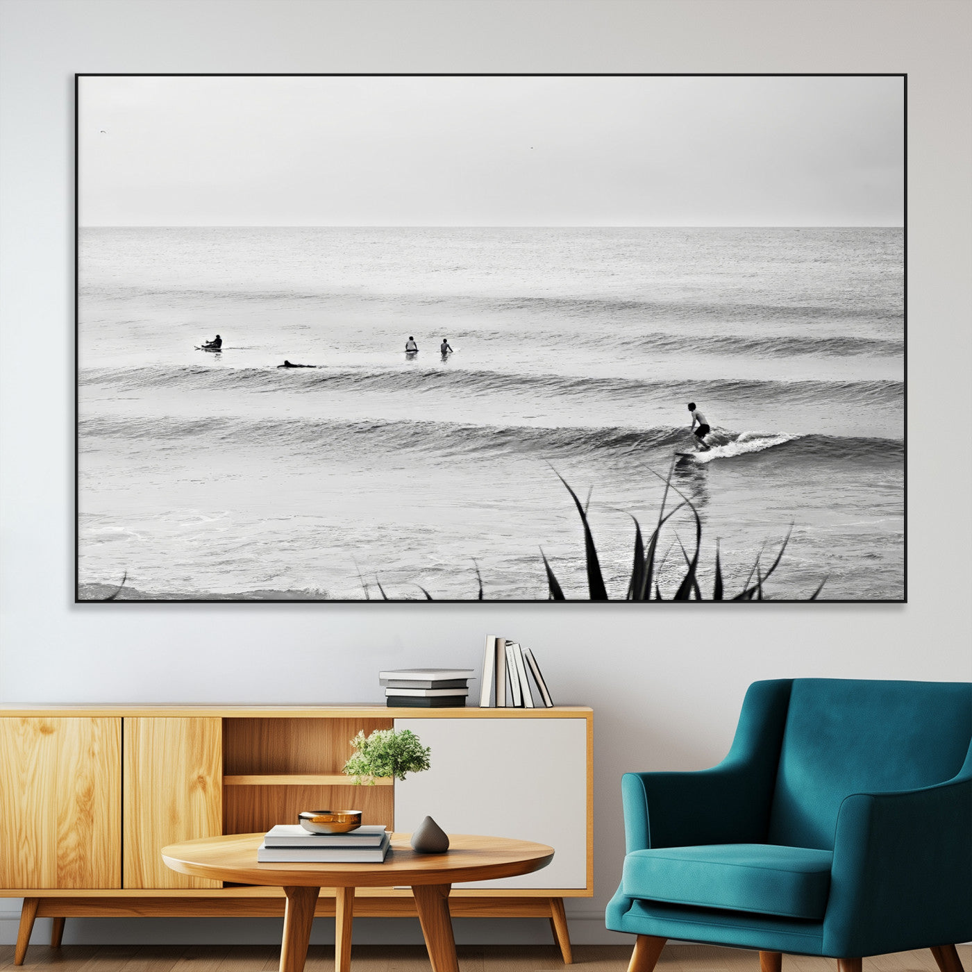 SEG-FC-51X34_Oversize - Surfer Silhouette Wall Art Canvas Print, Framed Calm Ocean Art Picture Print, Monochrome Surf Perfect Minimalist Coastal Decor Artwork