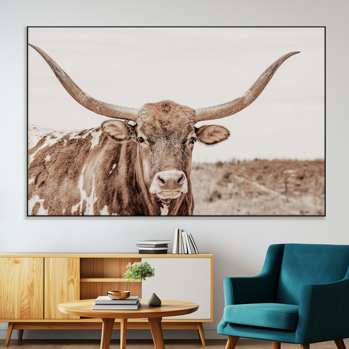 SEG-FC-51X34_Oversize - Longhorn Cow Wall Art Canvas Print, Framed Texas Ranch Art Picture Print, Western Bull Perfect County Decor Artwork