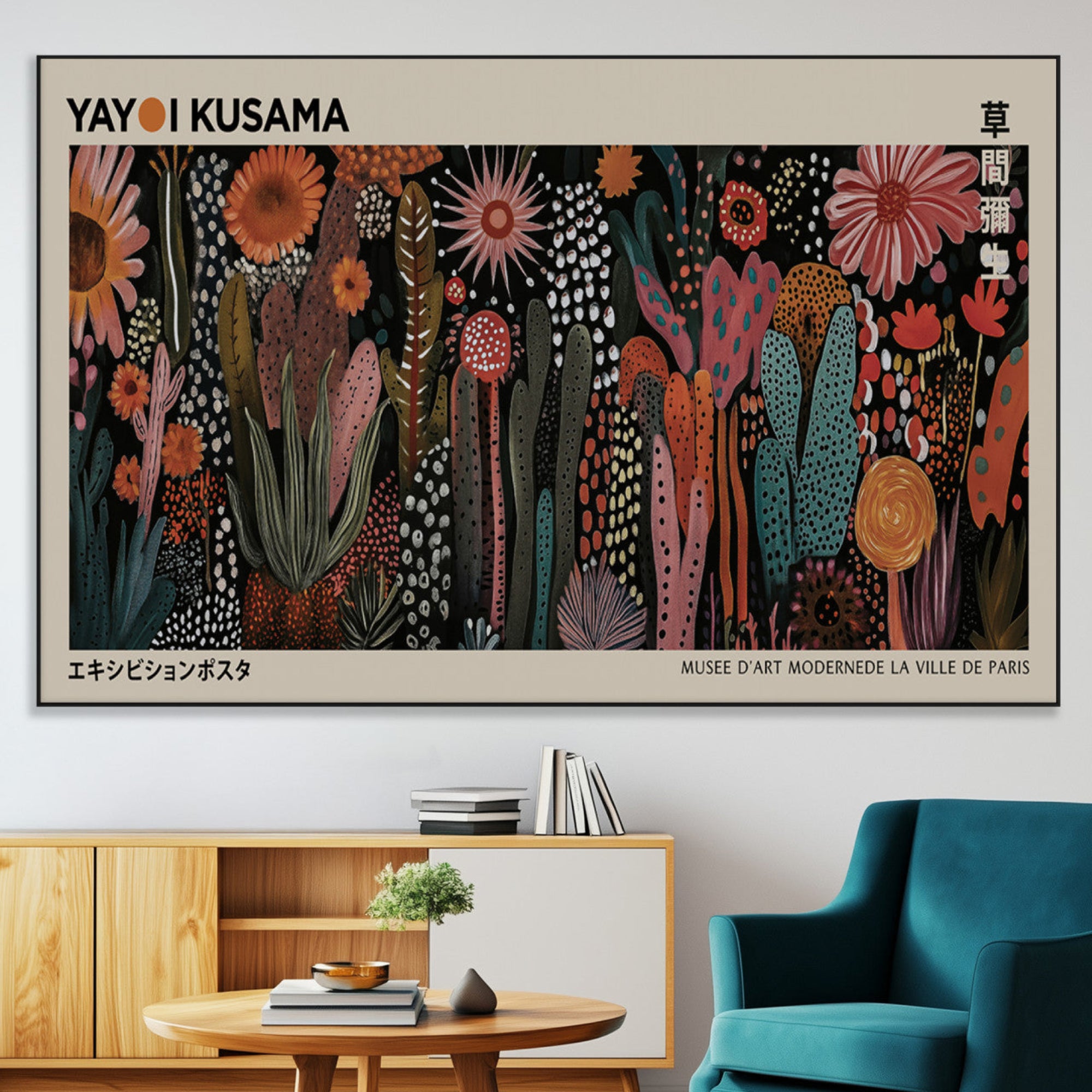 28344895-MGV-CV-36X24-Modern Japanese Wall Art Canvas Print – Framed Abstract Mount Fuji Scene with Contemporary Yayoi Kusama Artwork for Home, Office