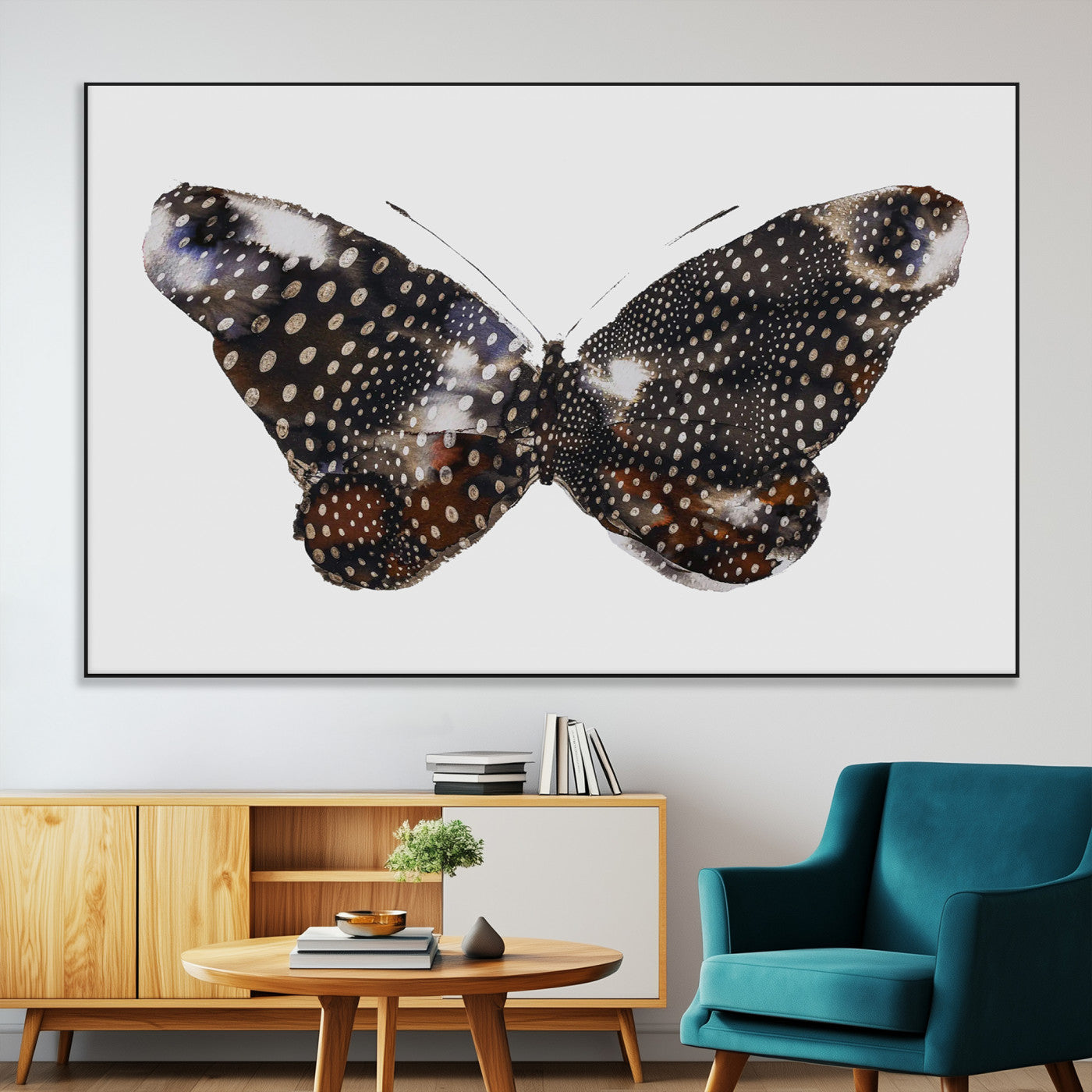 SEG-FC-51X34_Oversize - Spotted Butterfly Wall Art Canvas Print, Framed Neutral Insect Theme Art Picture Print, Earthy Wing Pattern Perfect Modern Rustic Decor Artwork