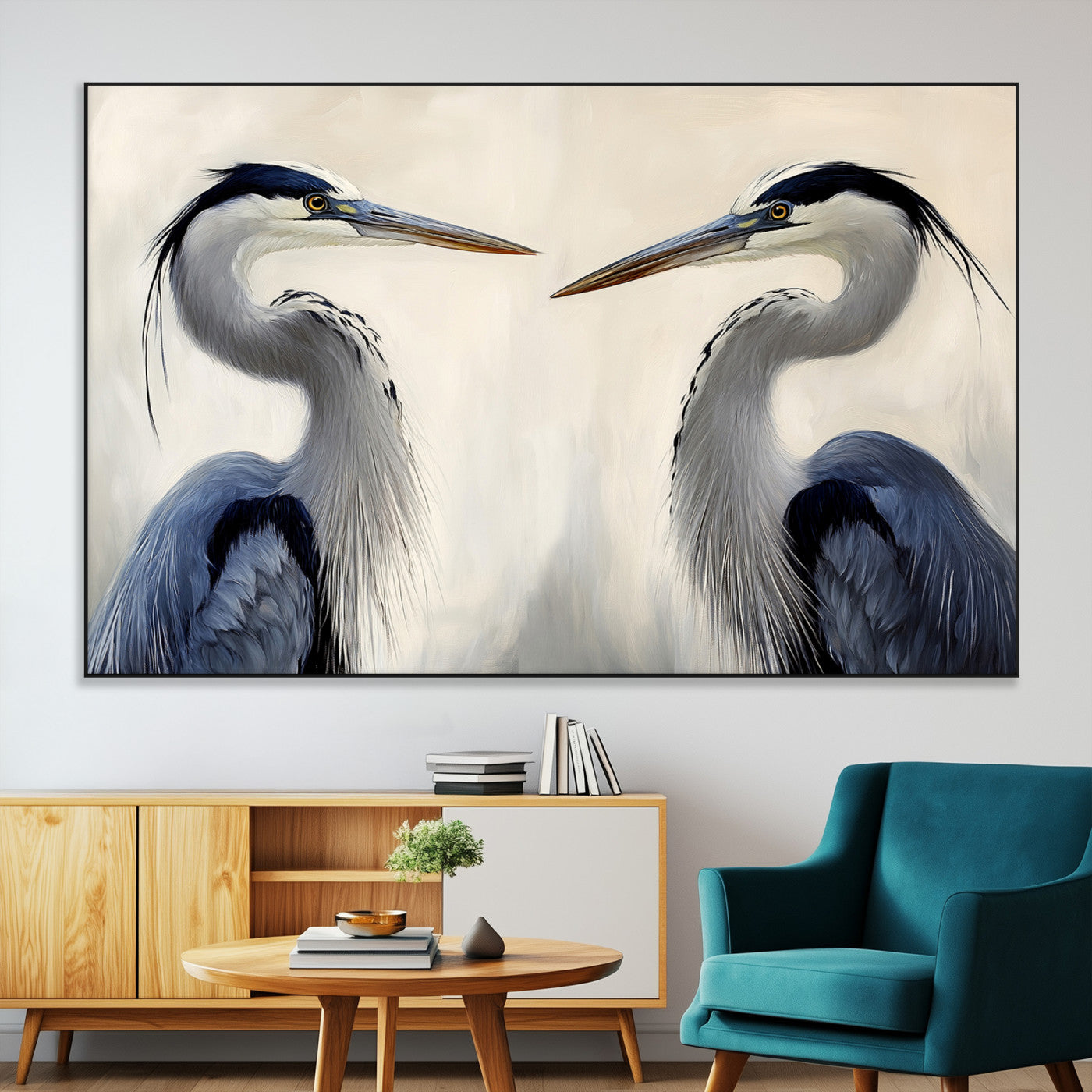 SEG-FC-51X34_Oversize - Blue Heron Pair Wall Art Canvas Print, Framed Coastal Bird Theme Art Picture Print, Tranquil Wildlife Scene Perfect Coastal Minimalist Decor Artwork