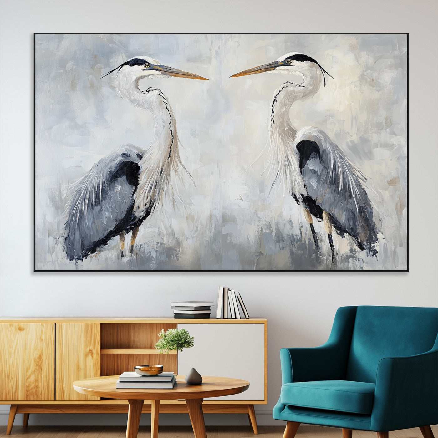 SEG-FC-51X34_Oversize - Heron Wall Art Wall Art Canvas Print, Framed Bird Canvas Decor Art Picture Print, Nature Inspired Perfect Coastal Minimalist Decor Artwork