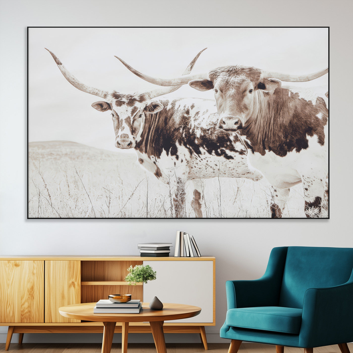 SEG-FC-51X34_Oversize - Longhorn Wall Art Wall Art Canvas Print, Framed Western Cow Canvas Art Picture Print, Rustic Farm Decor Perfect Rustic Farmhouse Decor Artwork