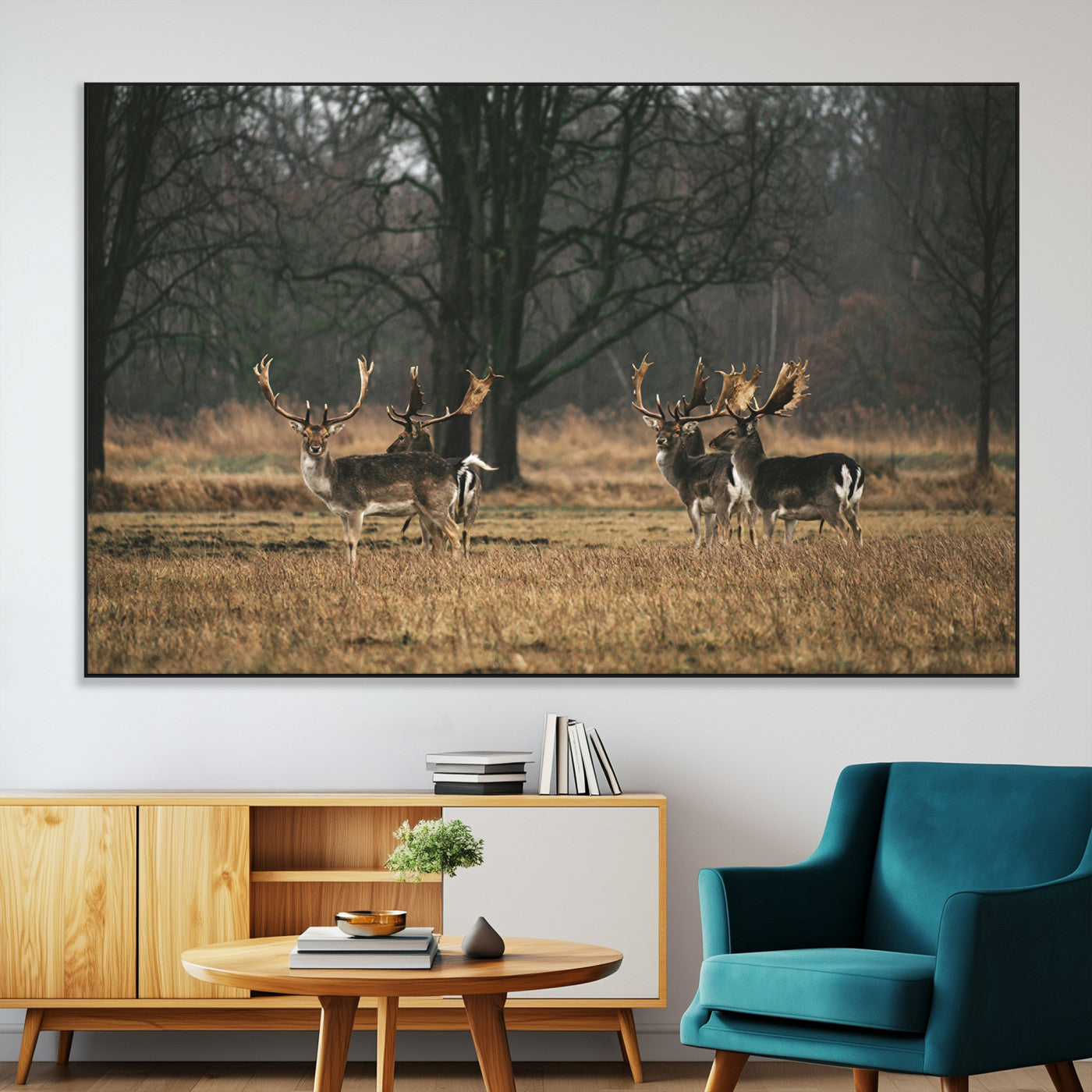 SEG-FC-51X34_Oversize - Deer Photography Wall Art Canvas Print, Framed Rustic Wildlife Art Picture Print, Stags In Forest Perfect Rustic Wilderness Decor Artwork