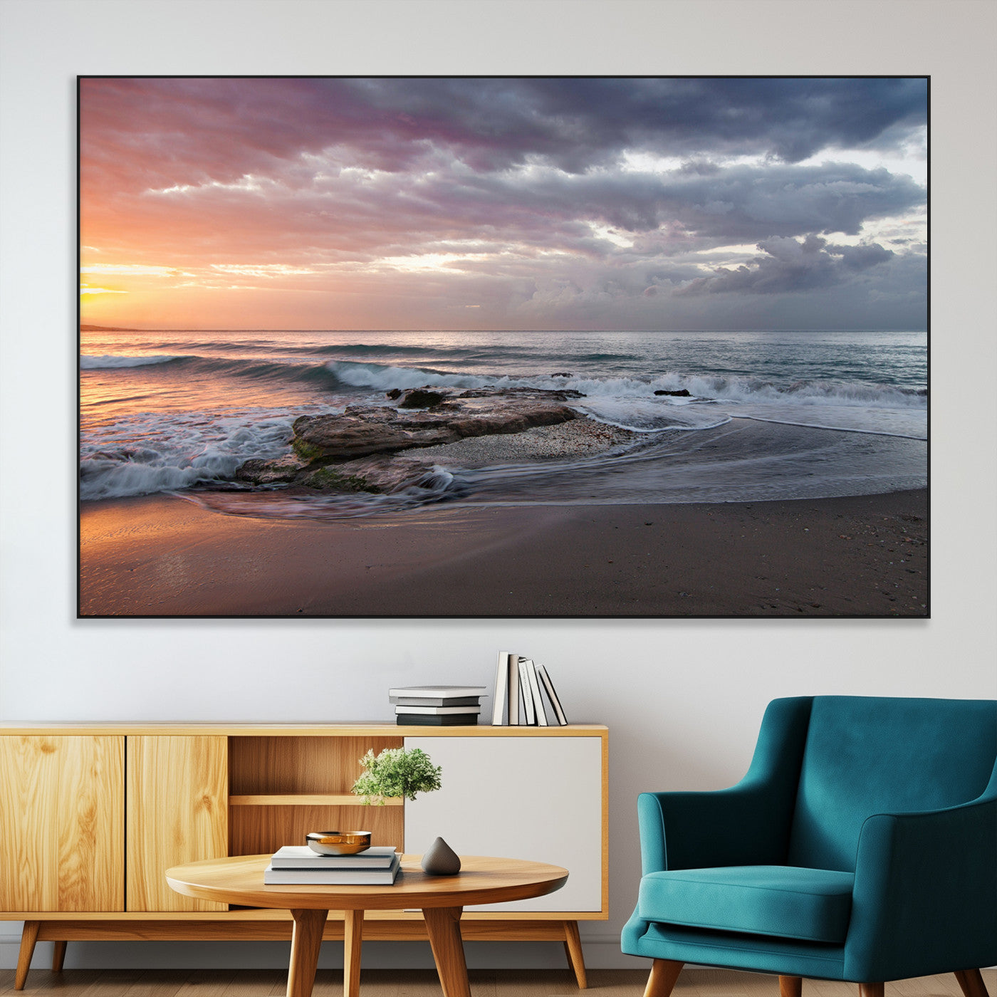 SEG-FC-51X34_Oversize - Golden Hour Wall Art Canvas Print, Framed Tranquil Waves Art Picture Print, Beach Perfect Coastal Serenity Decor Artwork