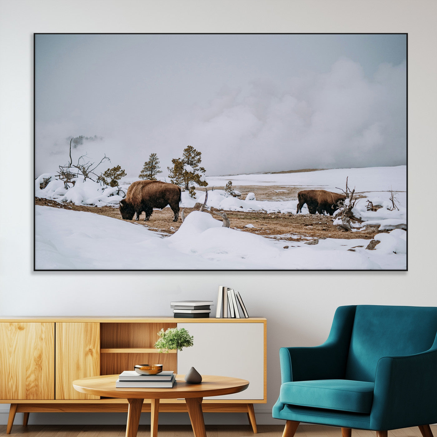 SEG-FC-51X34_Oversize - Bison Wildlife Wall Art Canvas Print, Framed Snowy Prairie Art Picture Print, Western Perfect Rustic Decor Artwork