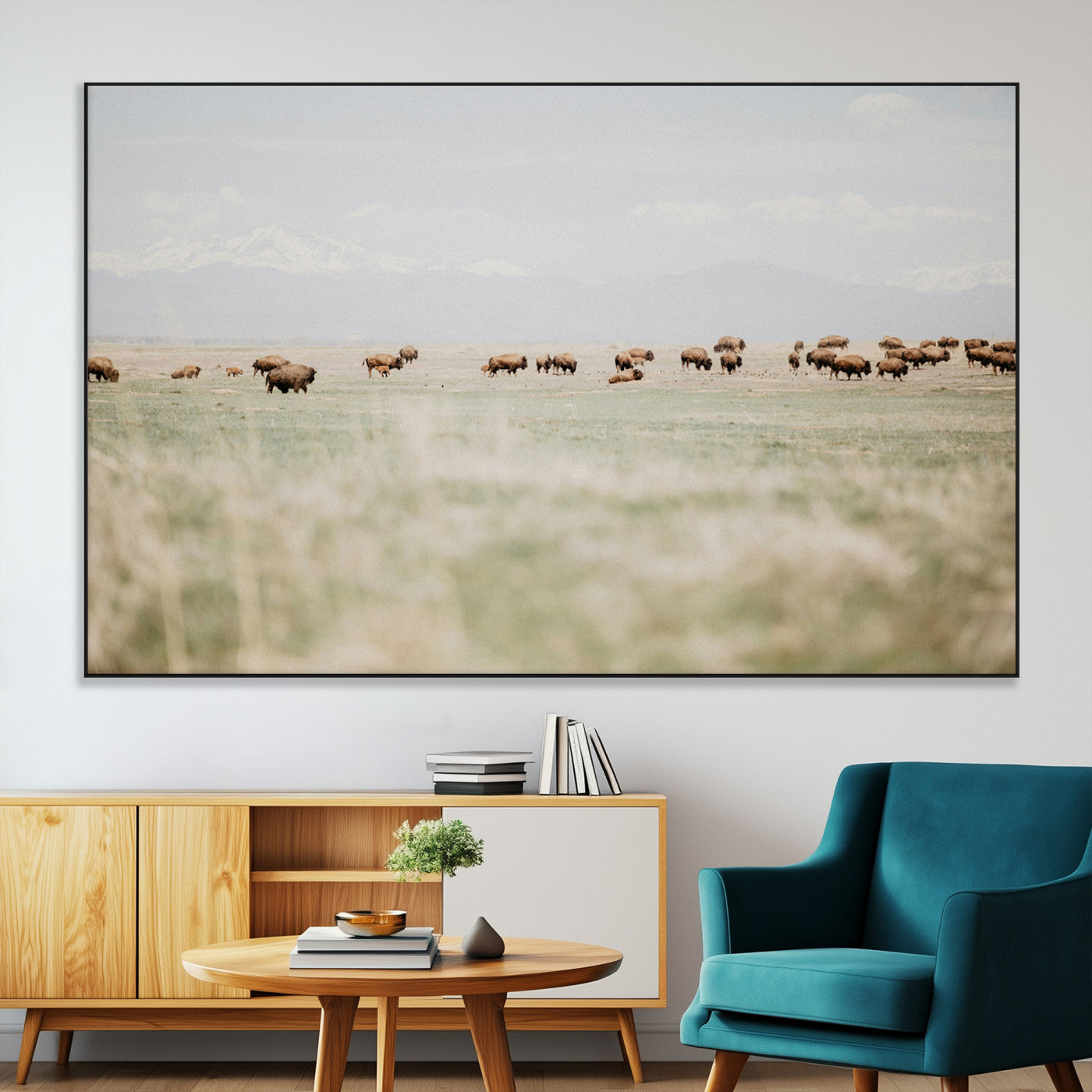 SEG-FC-51X34_Oversize - Bison Herd Wall Art Canvas Print, Framed Western Art Picture Print, Bison Perfect Ranch Decor Artwork