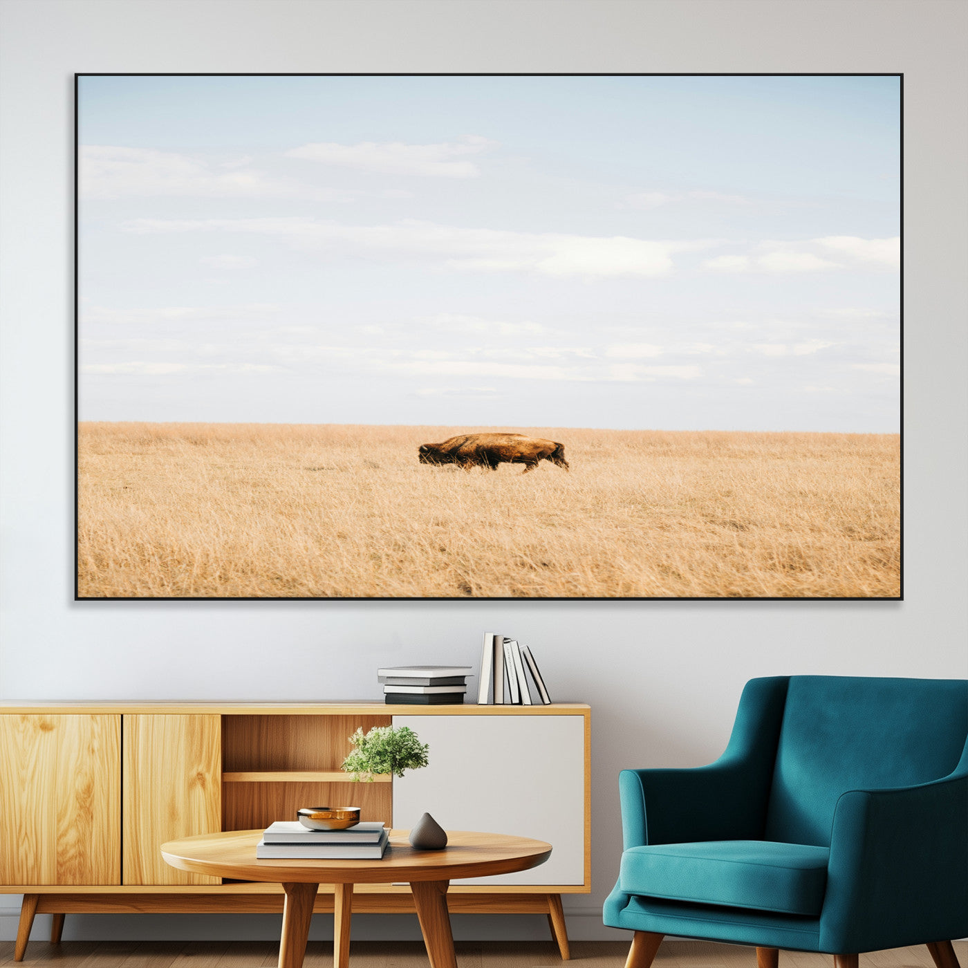 SEG-FC-51X34_Oversize - Minimalist Nature Wall Art Canvas Print, Framed Bison In Grassland Art Picture Print, Open Field Perfect Modern Ranch Decor Decor Artwork