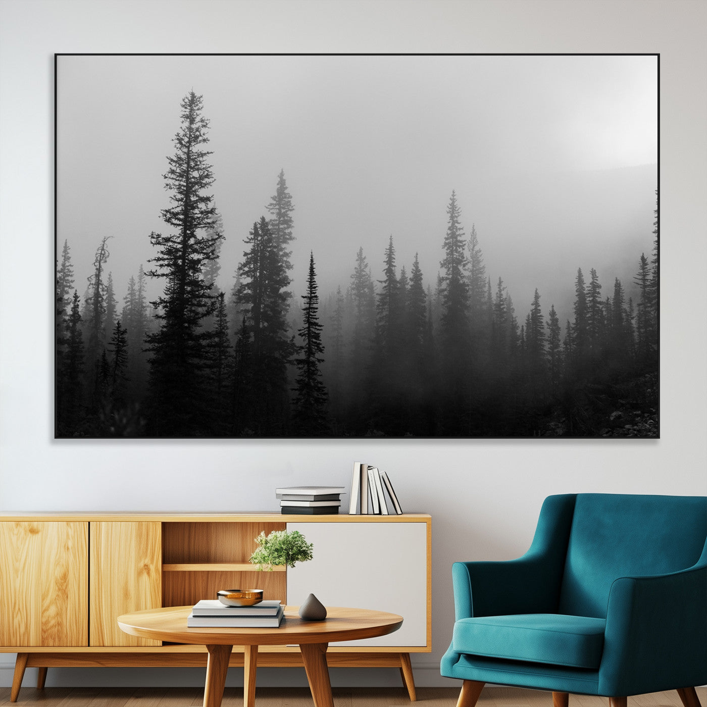 SEG-FC-51X34_Oversize - Misty Pines Wall Art Canvas Print, Framed Woodland Photography Art Picture Print, Minimalist Decor Perfect Rustic Decor Artwork