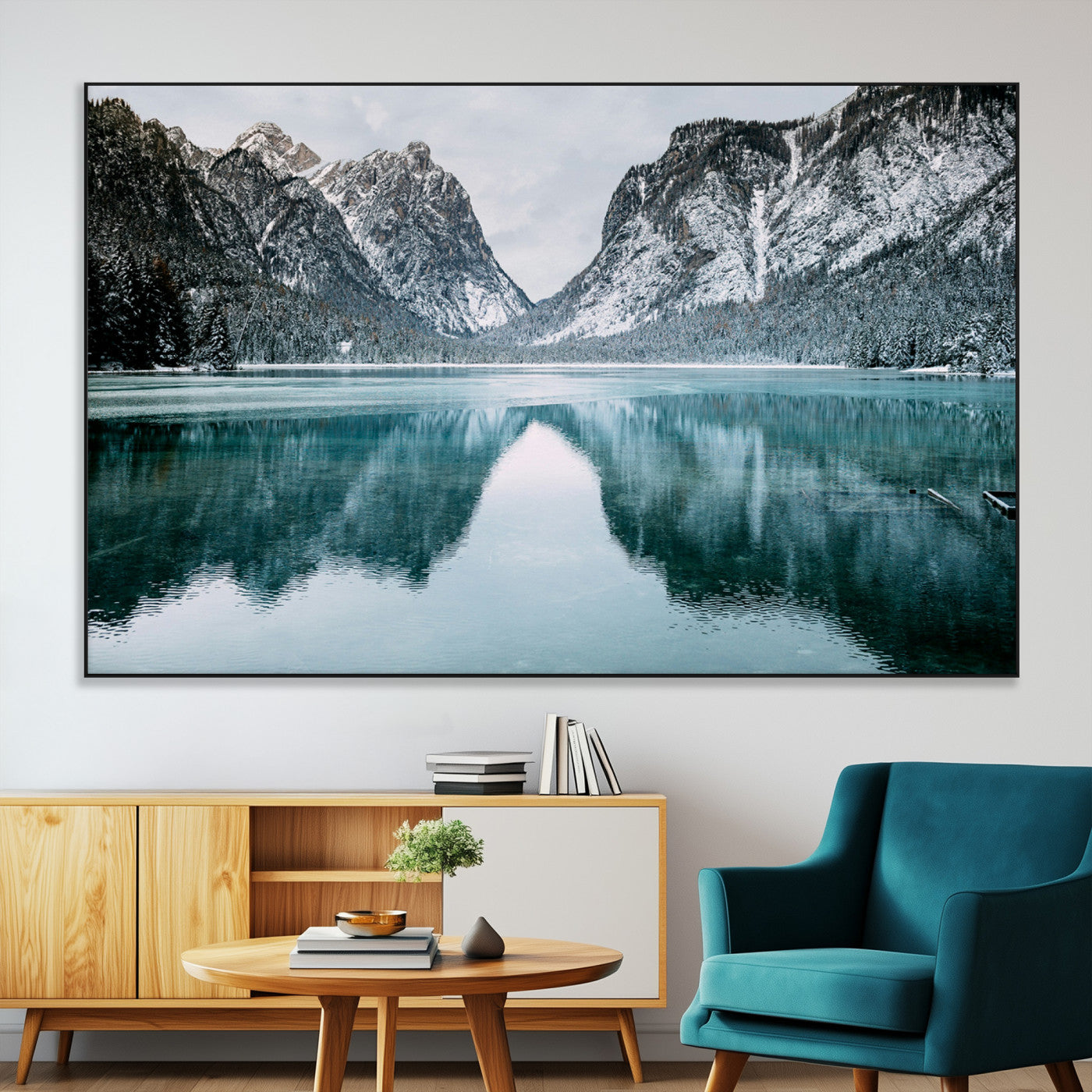 SEG-FC-51X34_Oversize - Mountain Lake Wall Art Canvas Print, Framed Wonderland Art Picture Print, Snowy Peaks Perfect Nature Decor Artwork