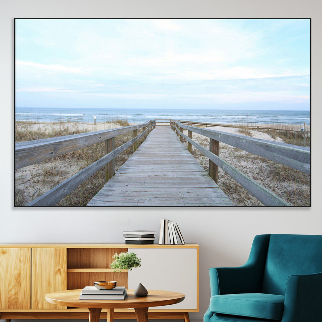 Beach Boardwalk Wall Art Canvas Print, Framed Coastal Serenity Ocean View