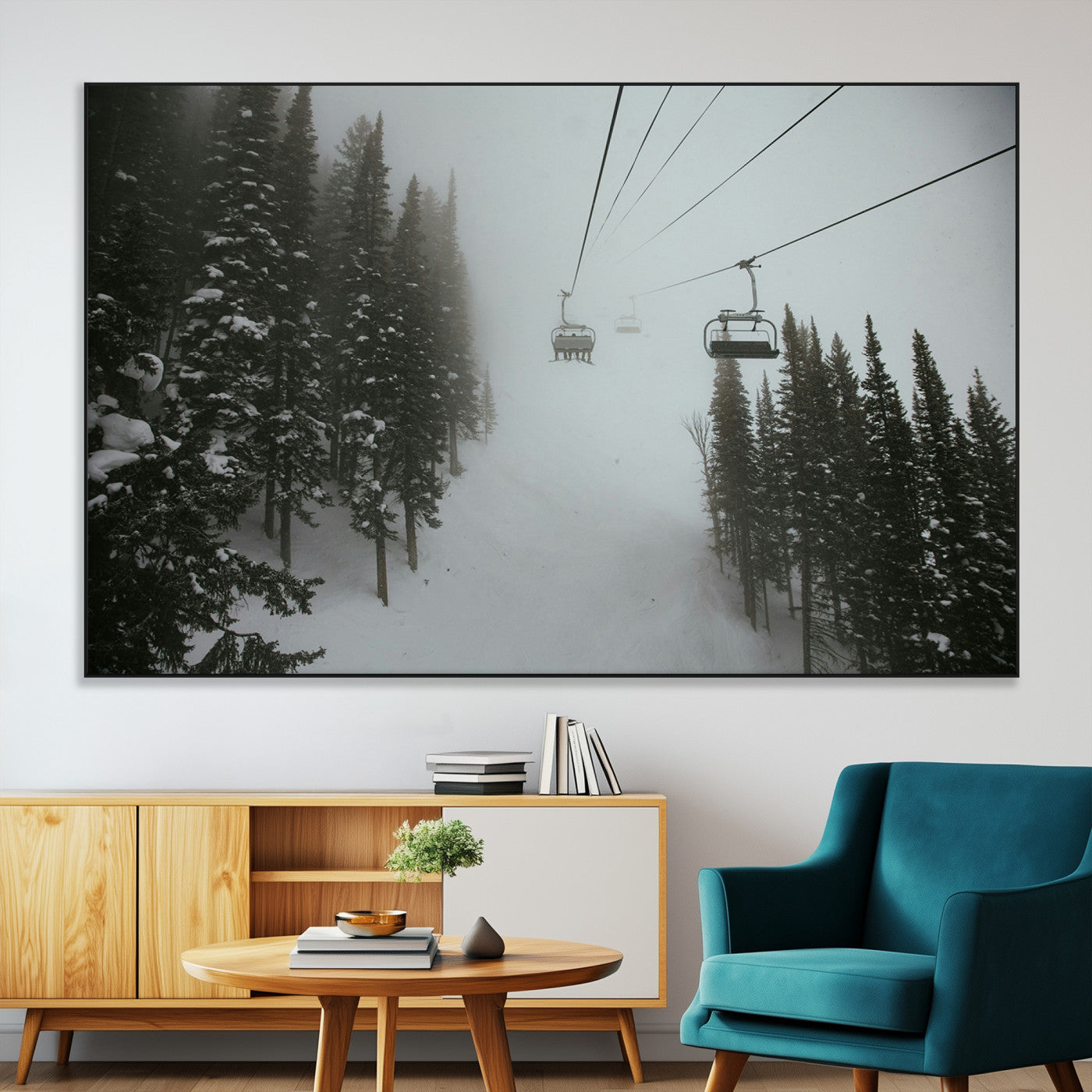 SEG-FC-51X34_Oversize - Ski Lift Wall Art Canvas Print, Framed Snowy Pines Art Picture Print, Misty Landscape Perfect Winter Serenity Decor Artwork