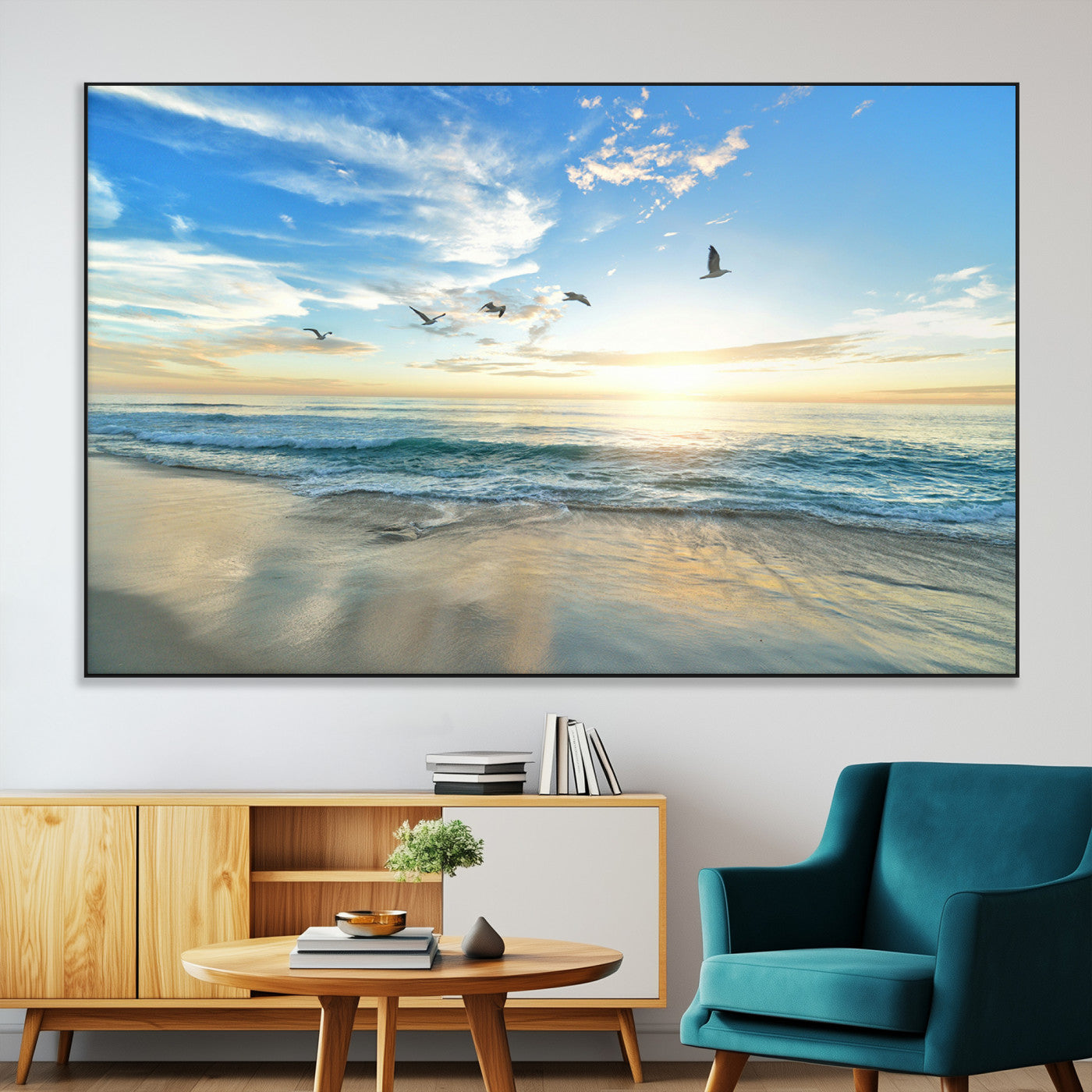 SEG-FC-51X34_Oversize - Minimalist Seaside Wall Art Canvas Print, Framed Morning Glow Art Picture Print, Golden Reflections Perfect Coastal Minimalist Decor Artwork
