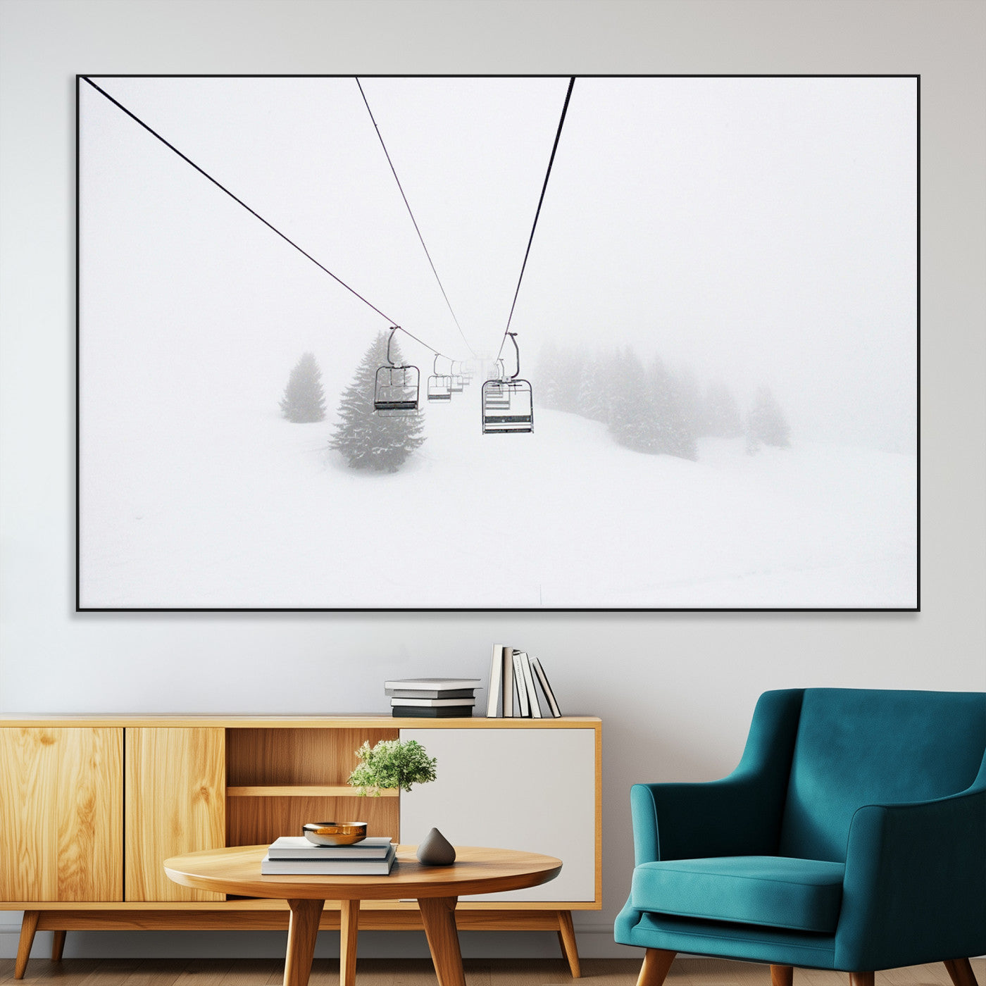 SEG-FC-51X34_Oversize - Ski Lift Wall Art Canvas Print, Framed Snowy Landscape Art Picture Print, Alpine Adventure Perfect Nordic Minimalist Decor Artwork