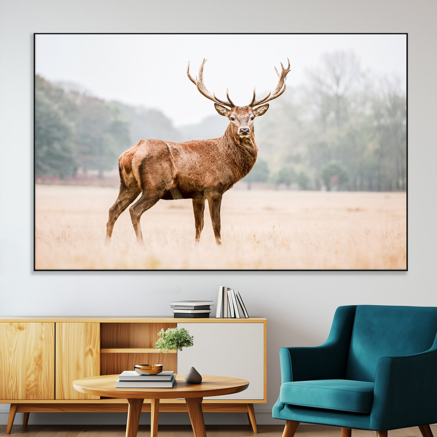 SEG-FC-51X34_Oversize - Vintage Wildlife Art Wall Art Canvas Print, Framed Misty Landscape Art Picture Print, Deer Wall Art Perfect Rustic Wildlife Decor Artwork