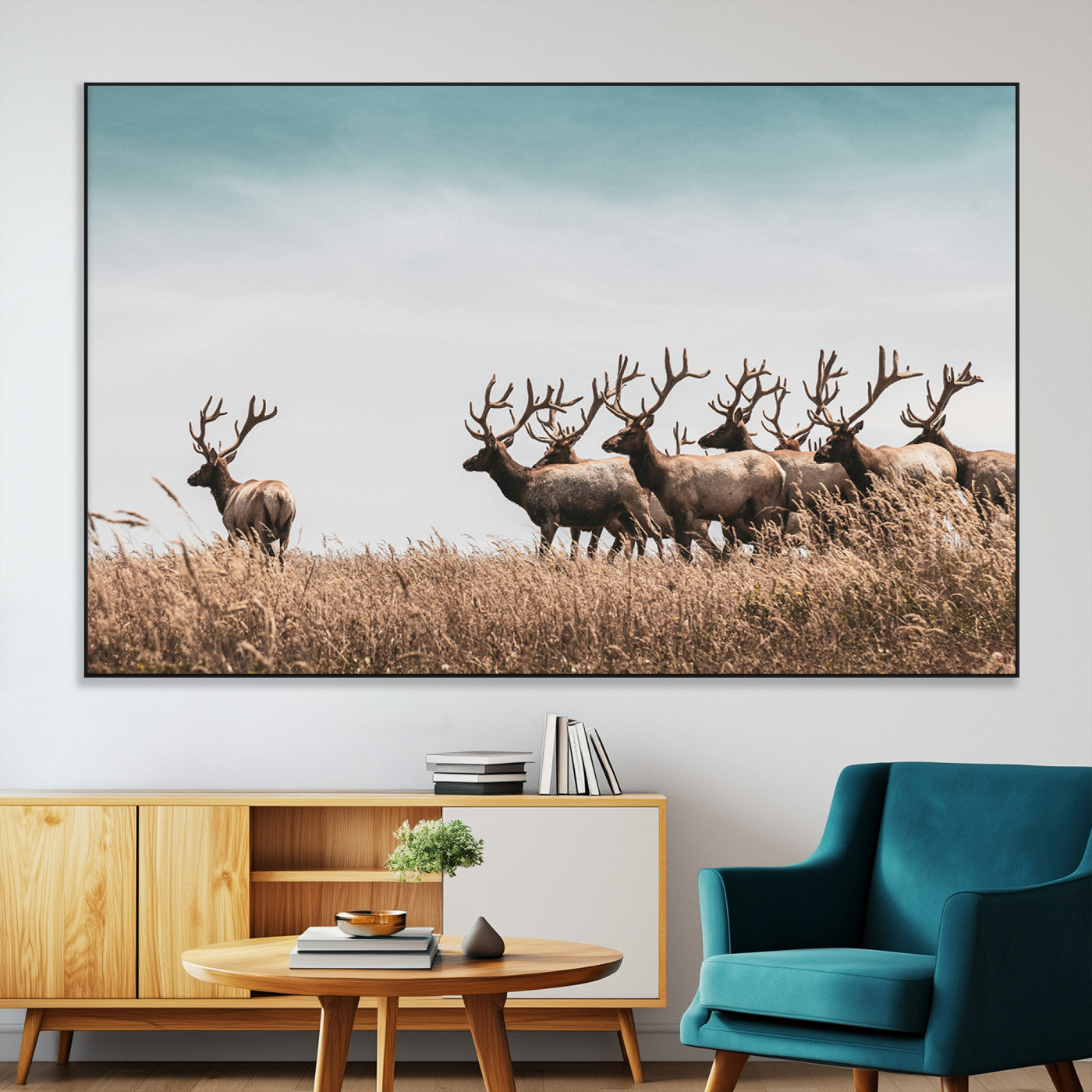 SEG-FC-51X34_Oversize - Elk Herd Wall Art Canvas Print, Framed Wildlife Photography Art Picture Print, Rustic Nature Print Perfect Rustic Wildlife Decor Artwork