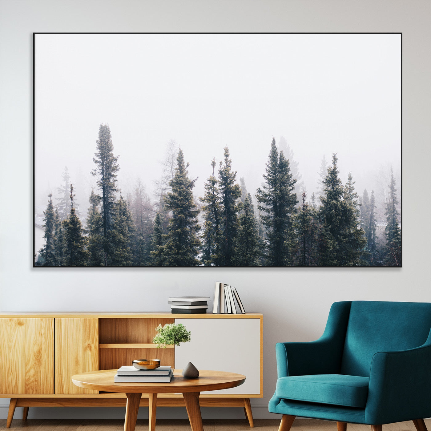 SEG-FC-51X34_Oversize - Foggy Forest Wall Art Canvas Print, Framed Misty Pines Art Picture Print, Moody Woodland Perfect Scandinavian Minimalist Decor Artwork