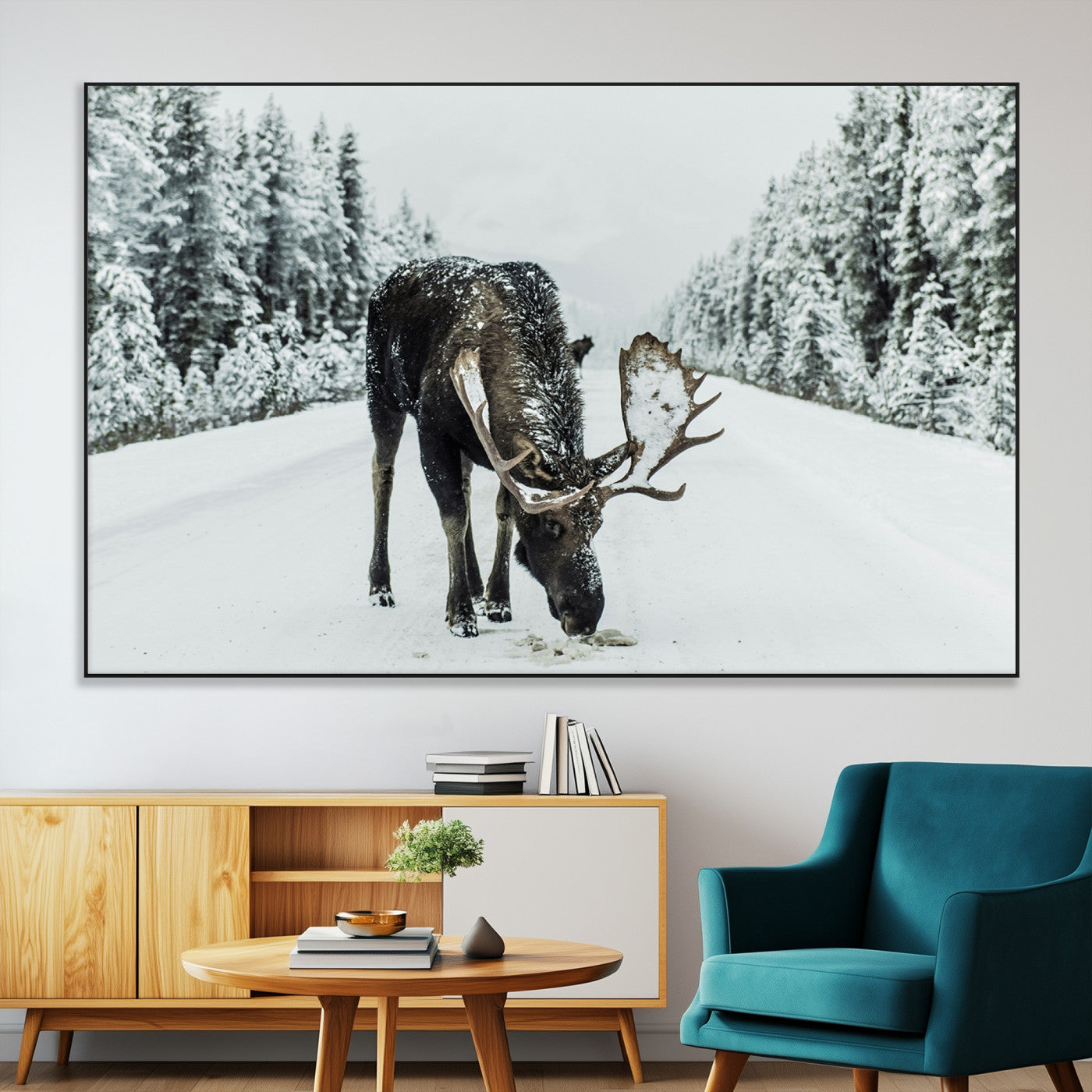 SEG-FC-51X34_Oversize - Moose in Snow Wall Art Canvas Print, Framed Winter Wildlife Art Picture Print, Snowy Forest Scene Perfect Rustic Lodge Decor Artwork