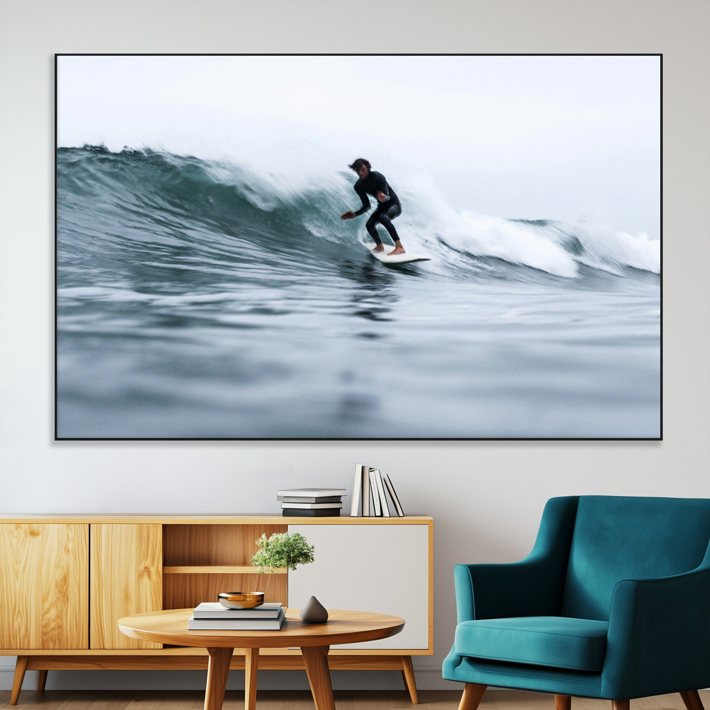 SEG-FC-51X34_Oversize - Surfer on Wave Wall Art Canvas Print, Framed Ocean Adventure Art Picture Print, Motion Blur Water Perfect Coastal Adventure Decor Artwork