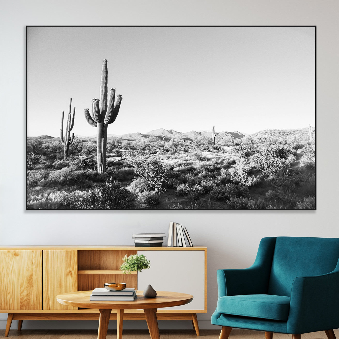 SEG-FC-51X34_Oversize - Saguaro Cactus Wall Art Canvas Print, Framed Monochrome Landscape Art Picture Print, Scenic Arizona View Perfect Minimalist Western Decor Artwork