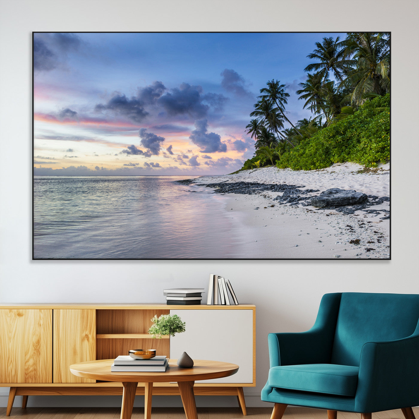 SEG-FC-51X34_Oversize - Tropical Beach Wall Art Canvas Print, Framed Sunset Glow Art Picture Print, Palm Tree Coast Perfect Tropical Coastal Decor Artwork