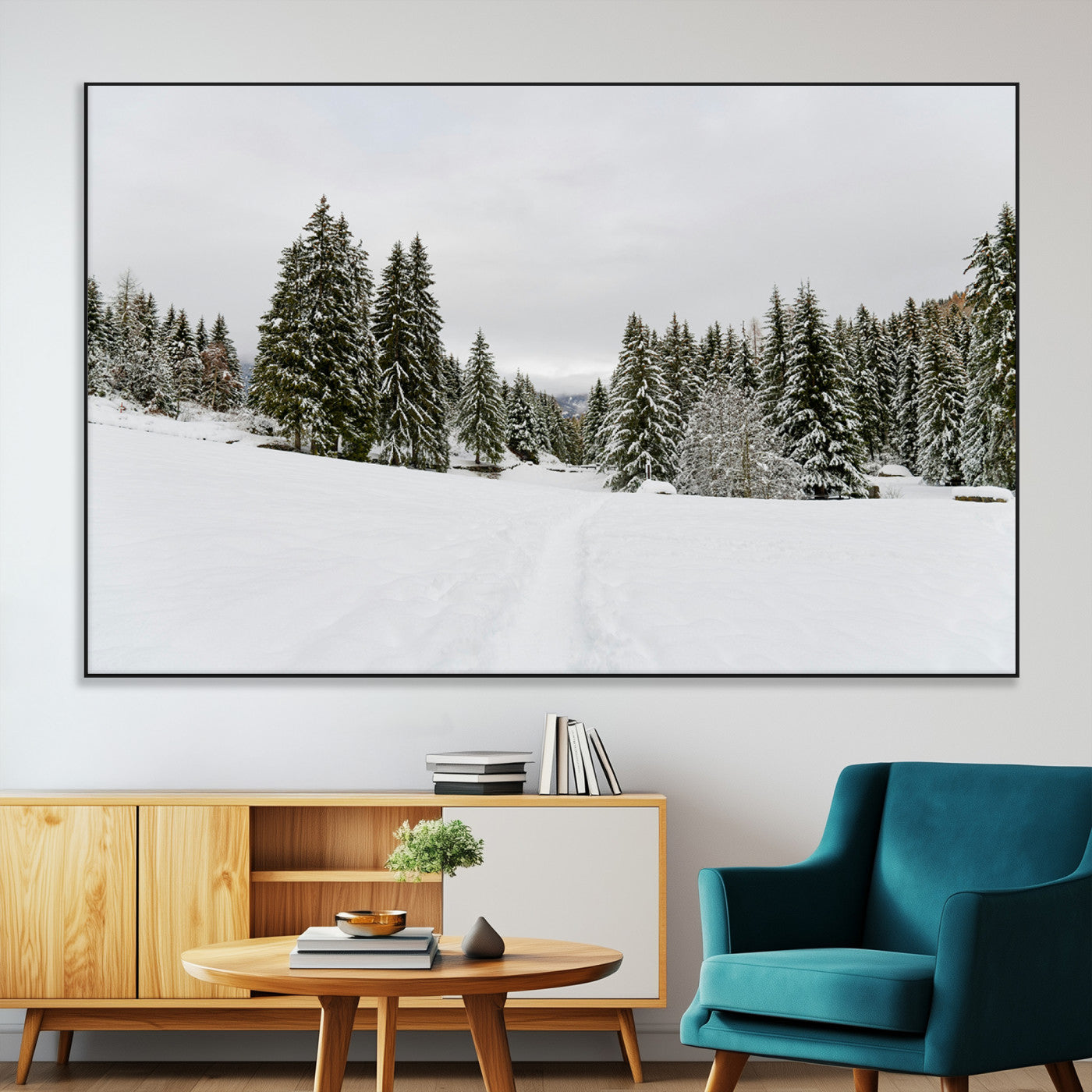 SEG-FC-51X34_Oversize - Frosty Pines Wall Art Canvas Print, Framed Silent Snowfall Art Picture Print, Cozy Cabin Vibes Perfect Nordic Minimalist Decor Artwork