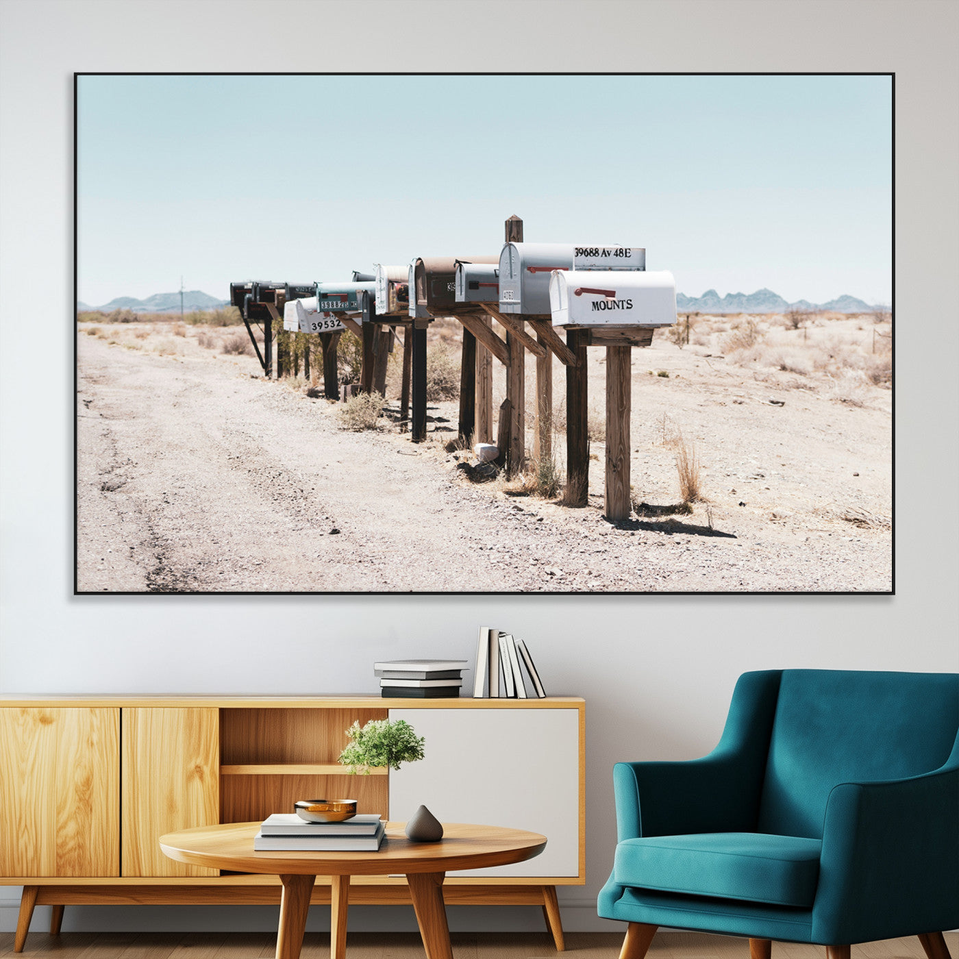 SEG-FC-51X34_Oversize - Desert Mailboxes Canvas Print – Minimal Western Landscape Photography, Rustic Americana Wall Art for