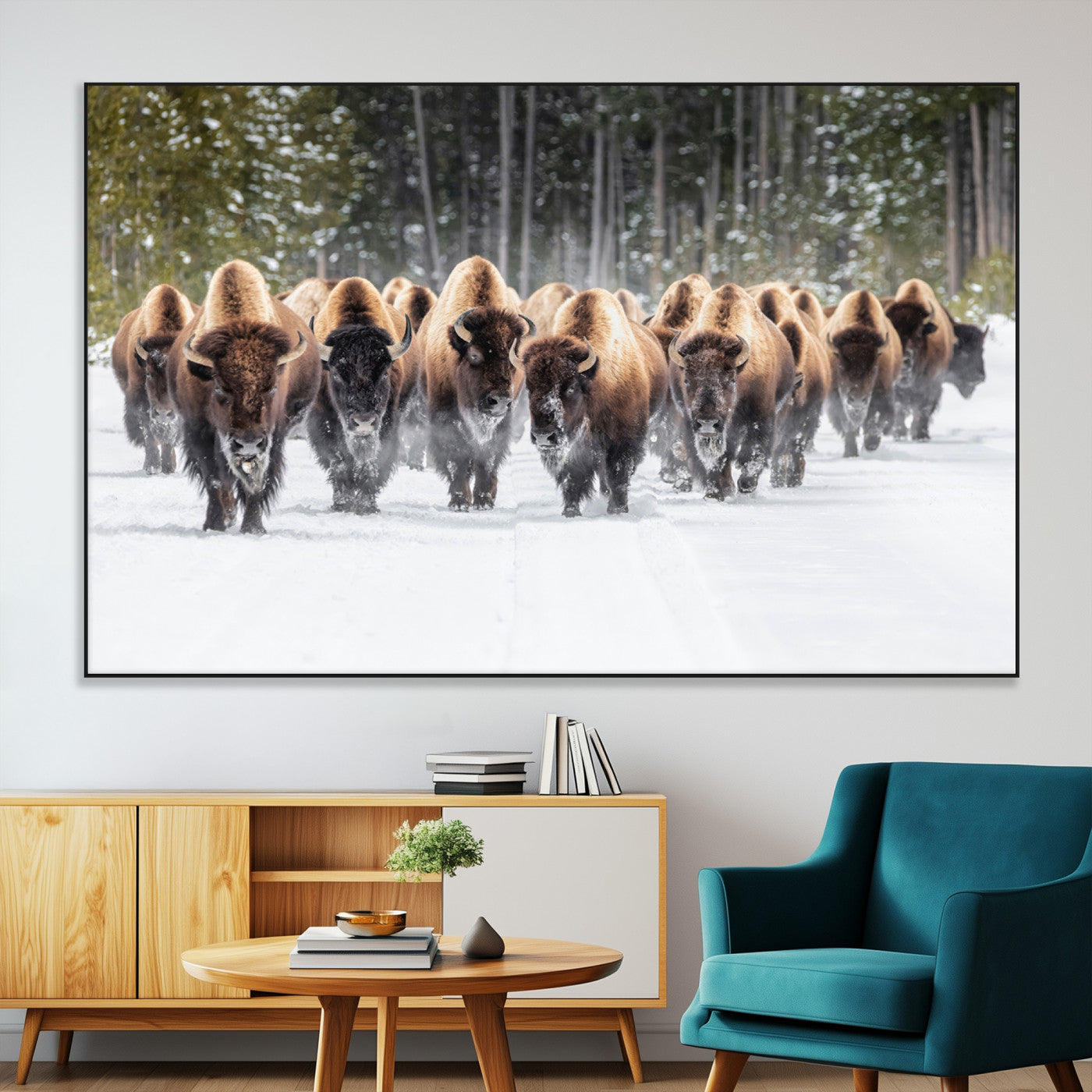 SEG-FC-51X34_Oversize - American Bison Herd in Snow Wall Art Canvas Print – Powerful Winter Wildlife Scene with Buffalo in