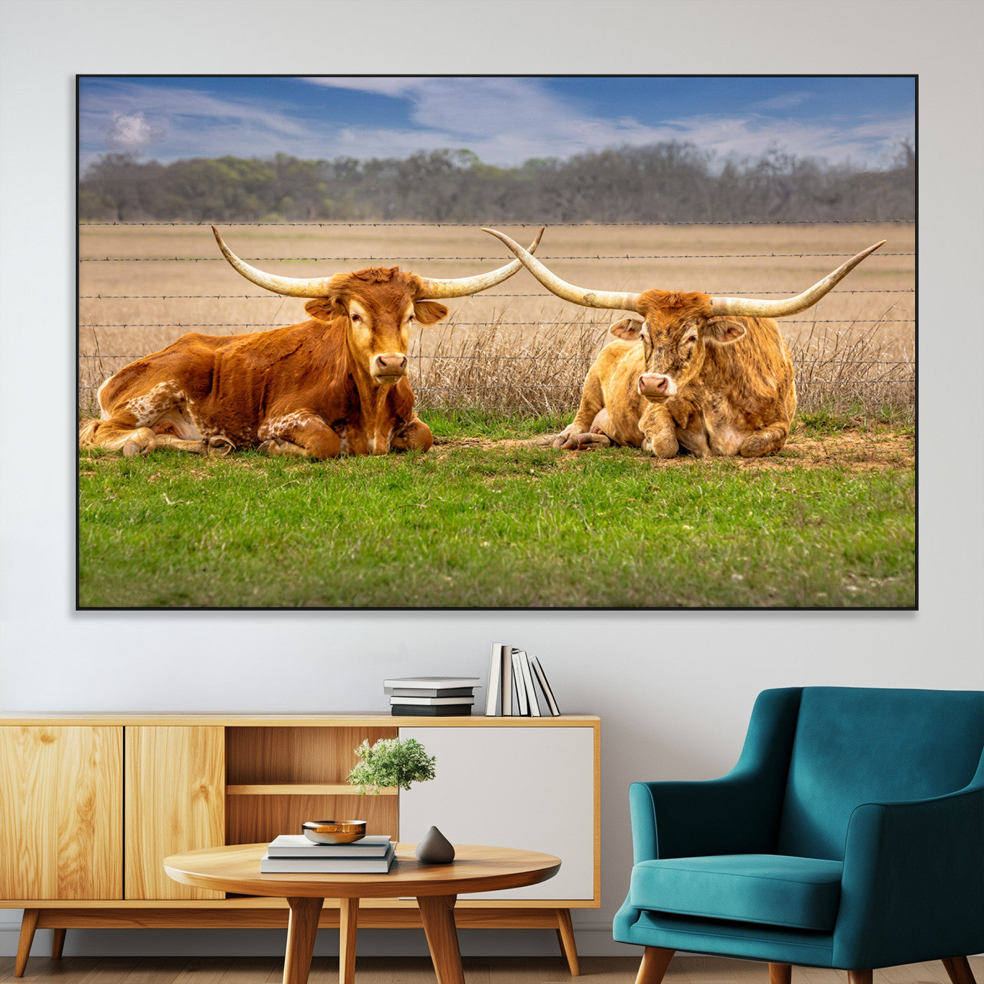 SEG-FC-51X34_Oversize - Texas Longhorn Pair Wall Art Canvas Print – Peaceful Rustic Ranch Scene with Two Cattle in Field,