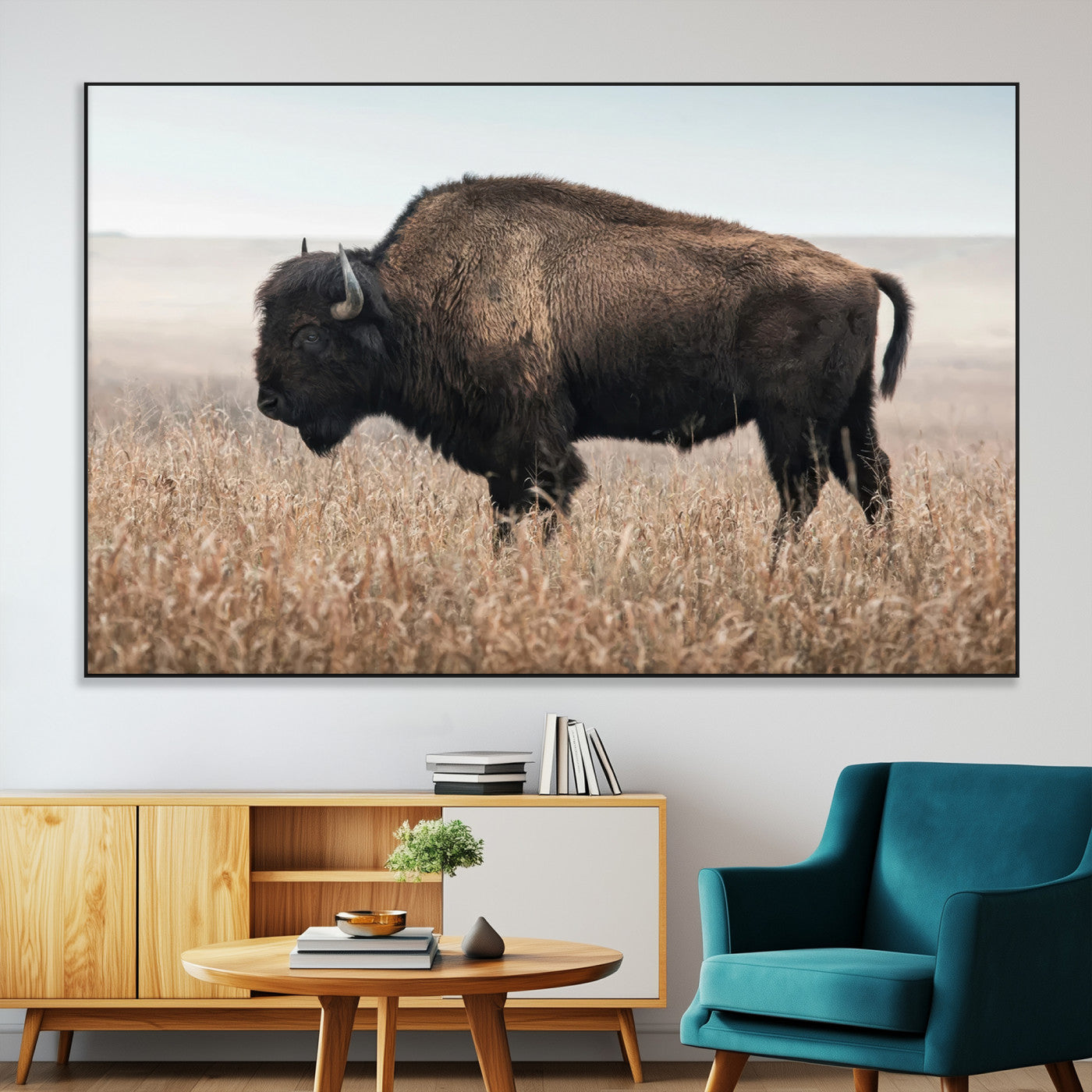 SEG-FC-51X34_Oversize - American Bison in Field  Wall Art Canvas Print – Powerful Winter Wildlife Scene with Buffalo in