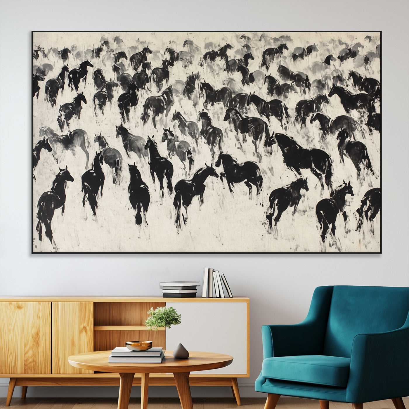 SEG-FC-51X34_Oversize - Wild Horse Stampede Wall Art Canvas Print – Monochrome Ink Brush Painting of Running Horses, Perfect