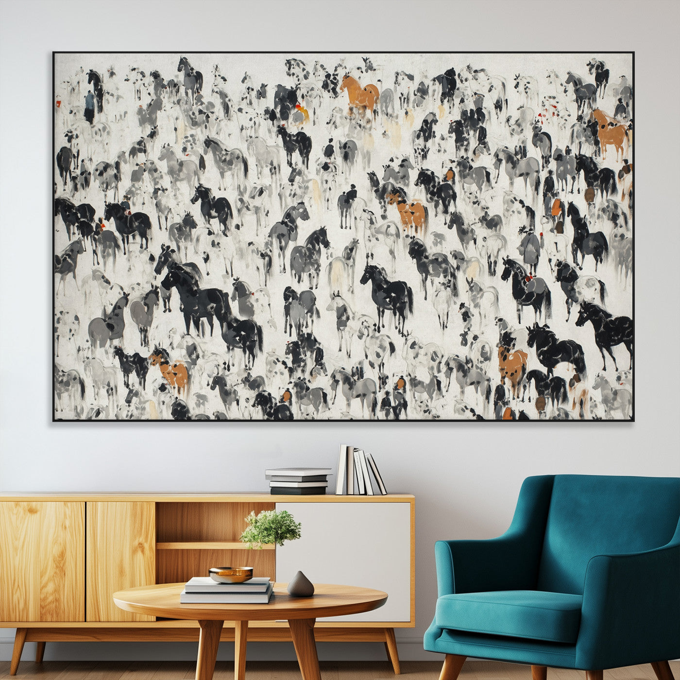 SEG-FC-51X34_Oversize - Wild Horse Stampede Wall Art Canvas Print – Monochrome Ink Brush Painting of Running Horses, Perfect