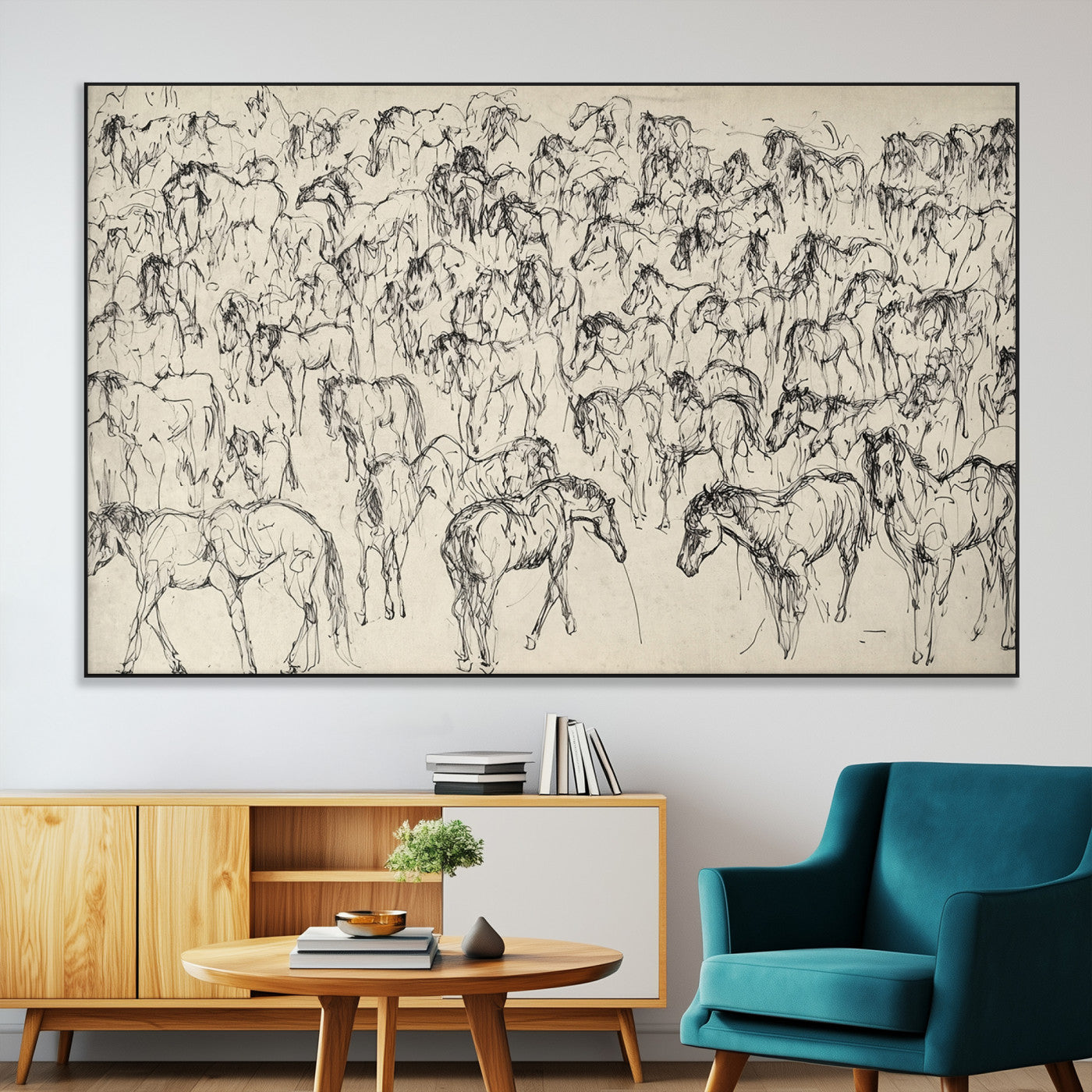 SEG-FC-51X34_Oversize - Wild Horse Stampede Wall Art Canvas Print – Monochrome Ink Brush Painting of Running Horses, Perfect