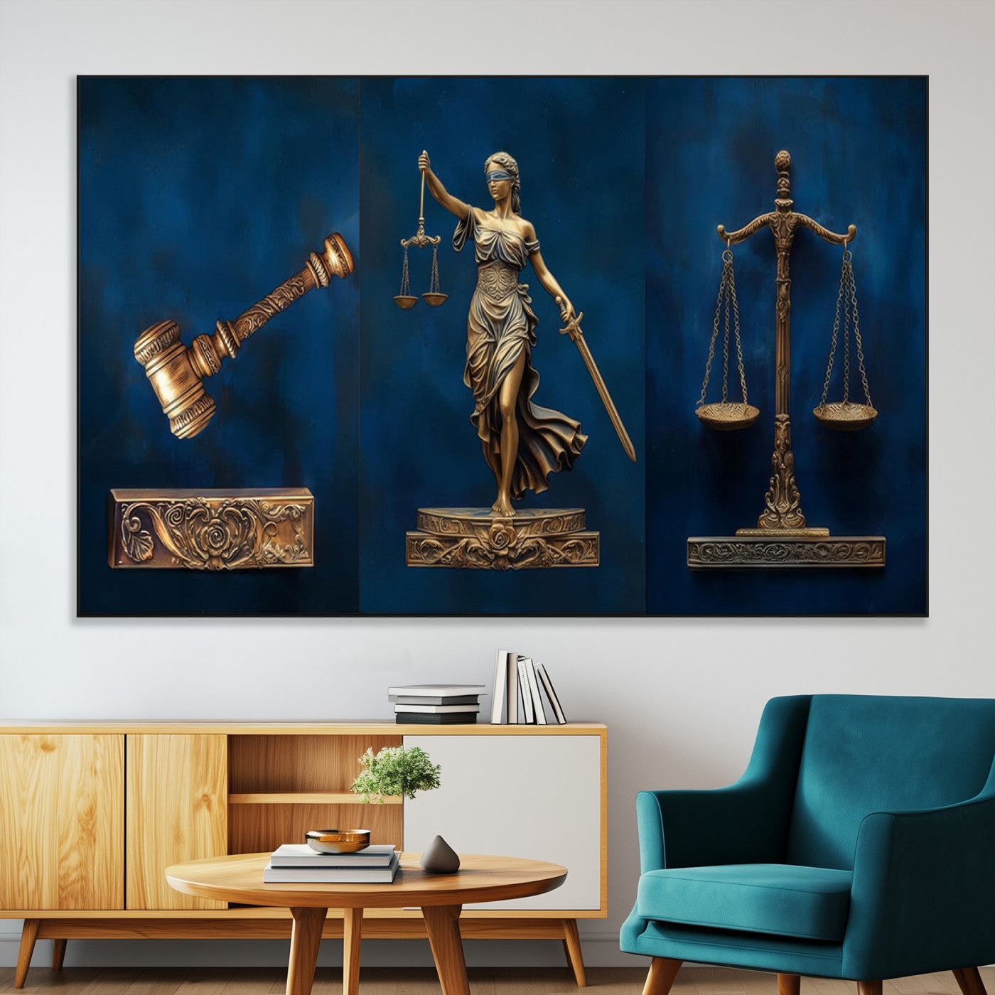 SEG-FC-51X34_Oversize - Lady Justice Wall Art Canvas Print – Elegant Gold Legal Symbols on Blue Background, Perfect for Law