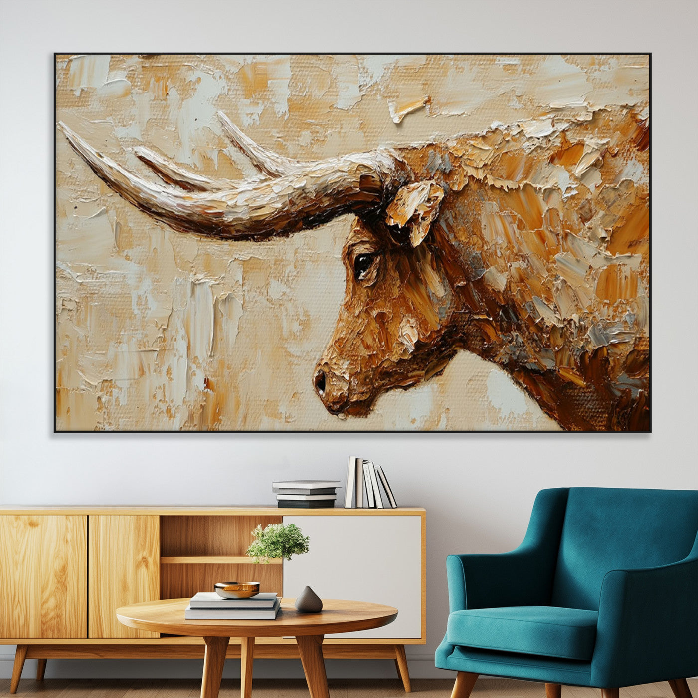 SEG-FC-51X34_Oversize - Rustic Longhorn Bull Wall Art Canvas Print – Vintage Western Cattle Painting, Texas Steer Artwork