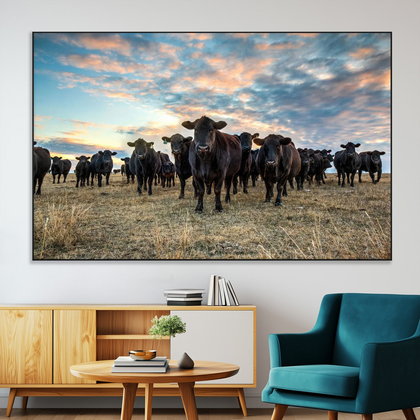 SEG-FC-51X34_Oversize - Texas Longhorn Cattle Wall Art Canvas Print – Rustic Western Ranch Scene with Steers at Sunset,