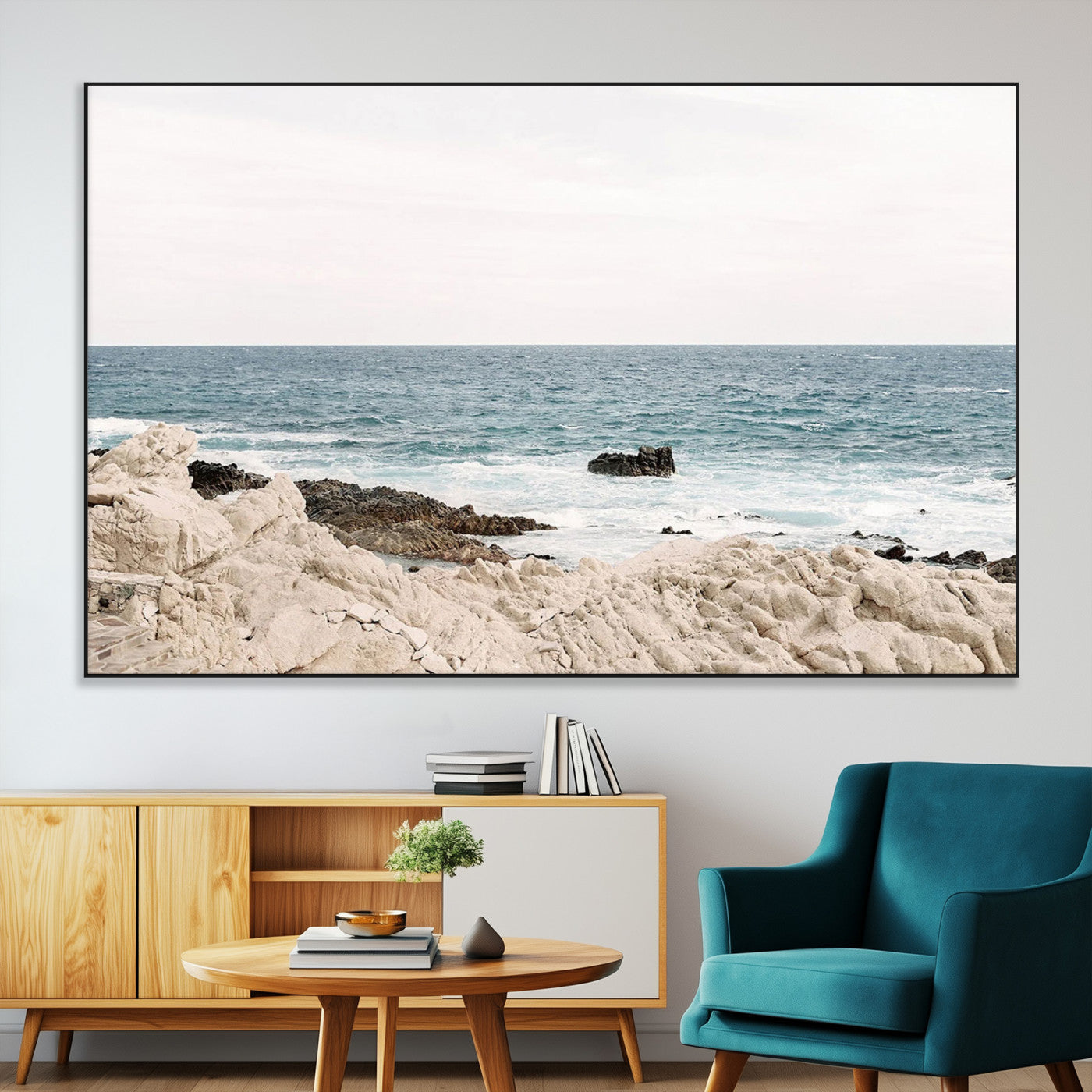 SEG-FC-51X34_Oversize - Coastal Ocean View Wall Art Canvas Print – Serene Rocky Shoreline and Blue Sea Photography for