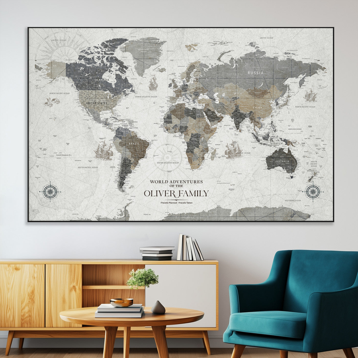 SEG-FC-51X34_Oversize - Custom Push Pin World Map Wall Canvas Print – Personalized Travel Tracker with Pins – Framed Large Multi-Size Canvas for Home Office Decor