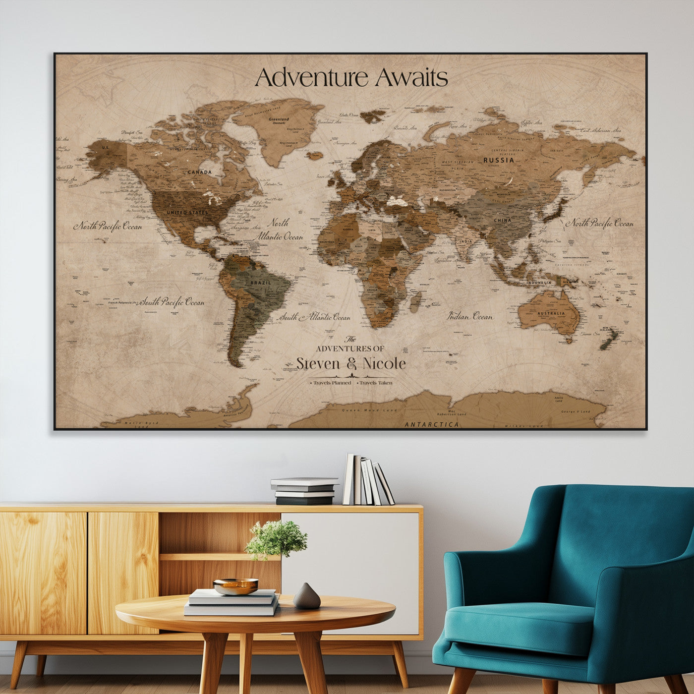 SEG-FC-51X34_Oversize - Custom Push Pin World Map Wall Canvas Print – Personalized Travel Tracker with Pins – Framed Custom Quotie Canvas for Home Office Decor