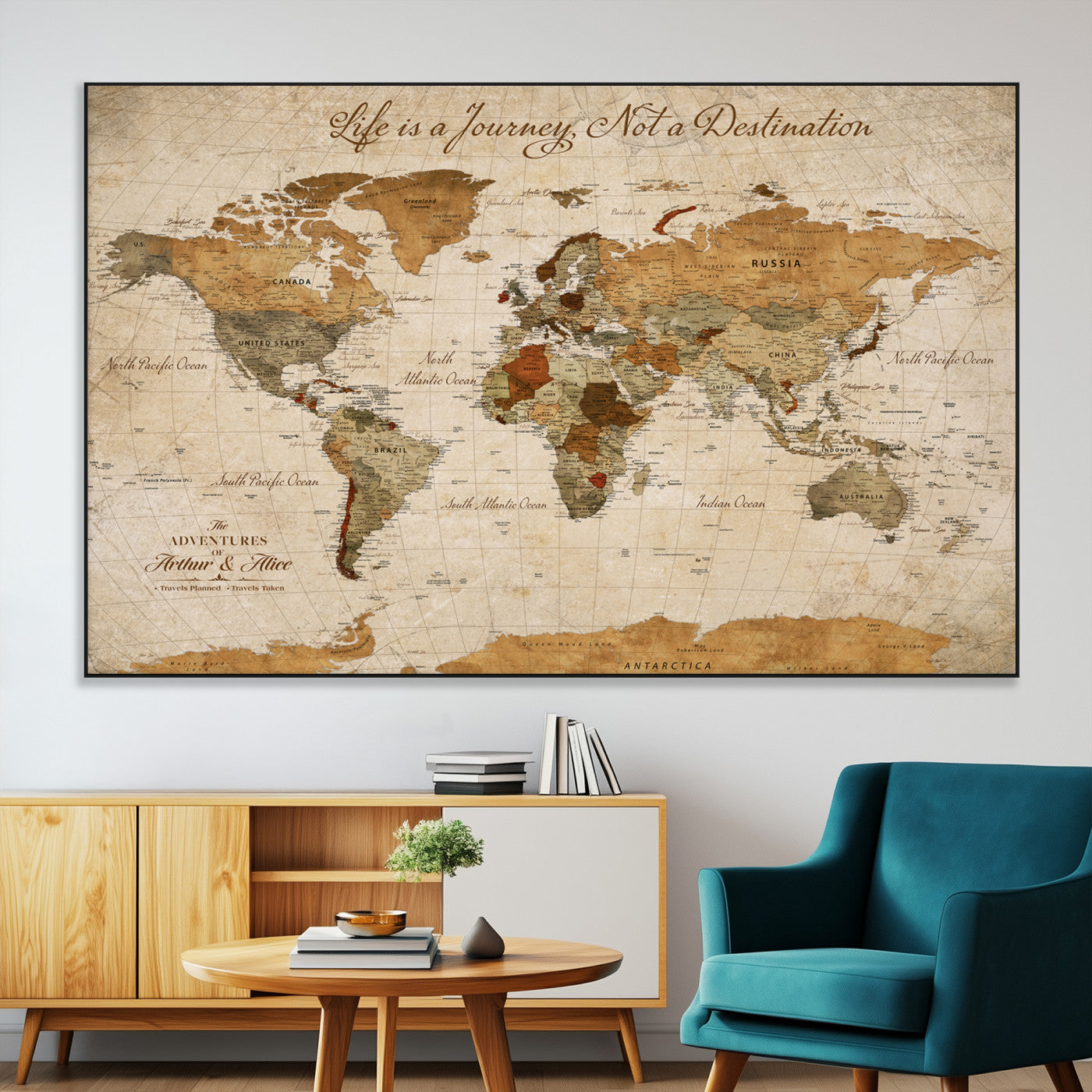SEG-FC-51X34_Oversize - Customizable Framed World Map Wall Art, Personalized Push Pin Travel Maps Canvas Print, Handcrafted in USA, 100 Pins with Foam Backing