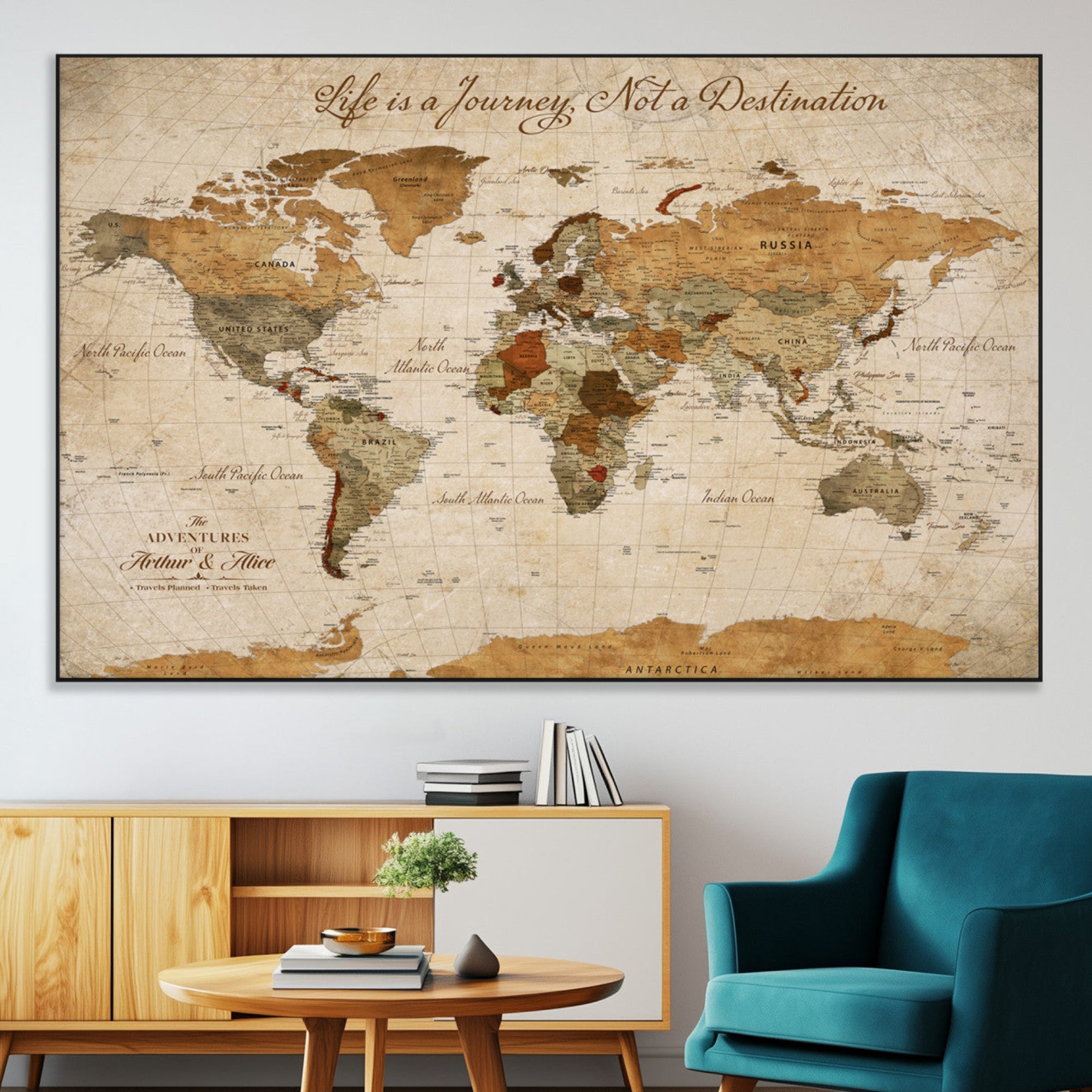 79036691-MGV-CV-36X24-Personalized World Map Canvas Wall Art – Custom Framed Push Pin Travel Tracker Print, Unique Gift for Home or Office Decor