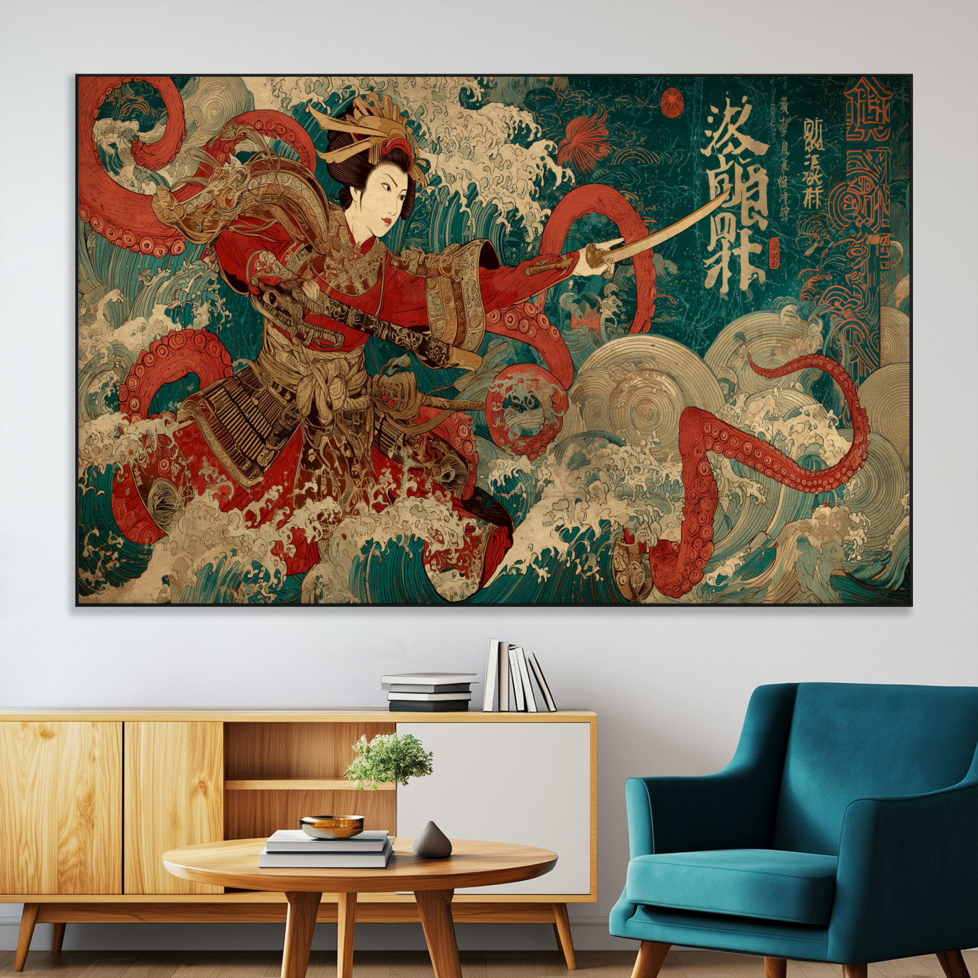 SEG-FC-51X34_Oversize - Tsukioka Yoshitoshi Samurai Wall Art Print, Japanese Katana Warrior Canvas Wall Art, Octopus Sea Monster Canvas Print,