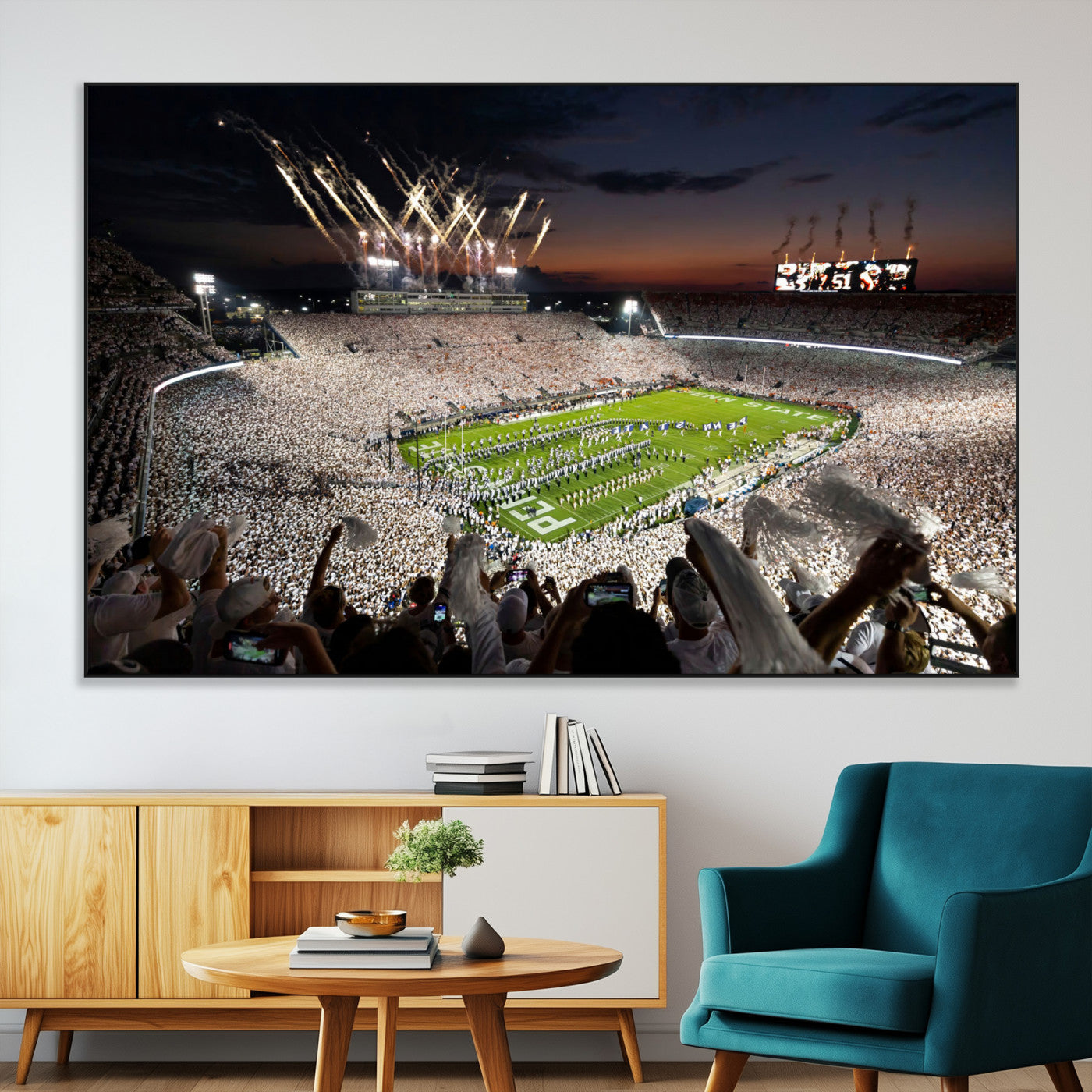 SEG-FC-51X34_Oversize - Penn State Stadium Wall Art Print, White Out Football Game Canvas Wall Art, Framed Sports Stadium,