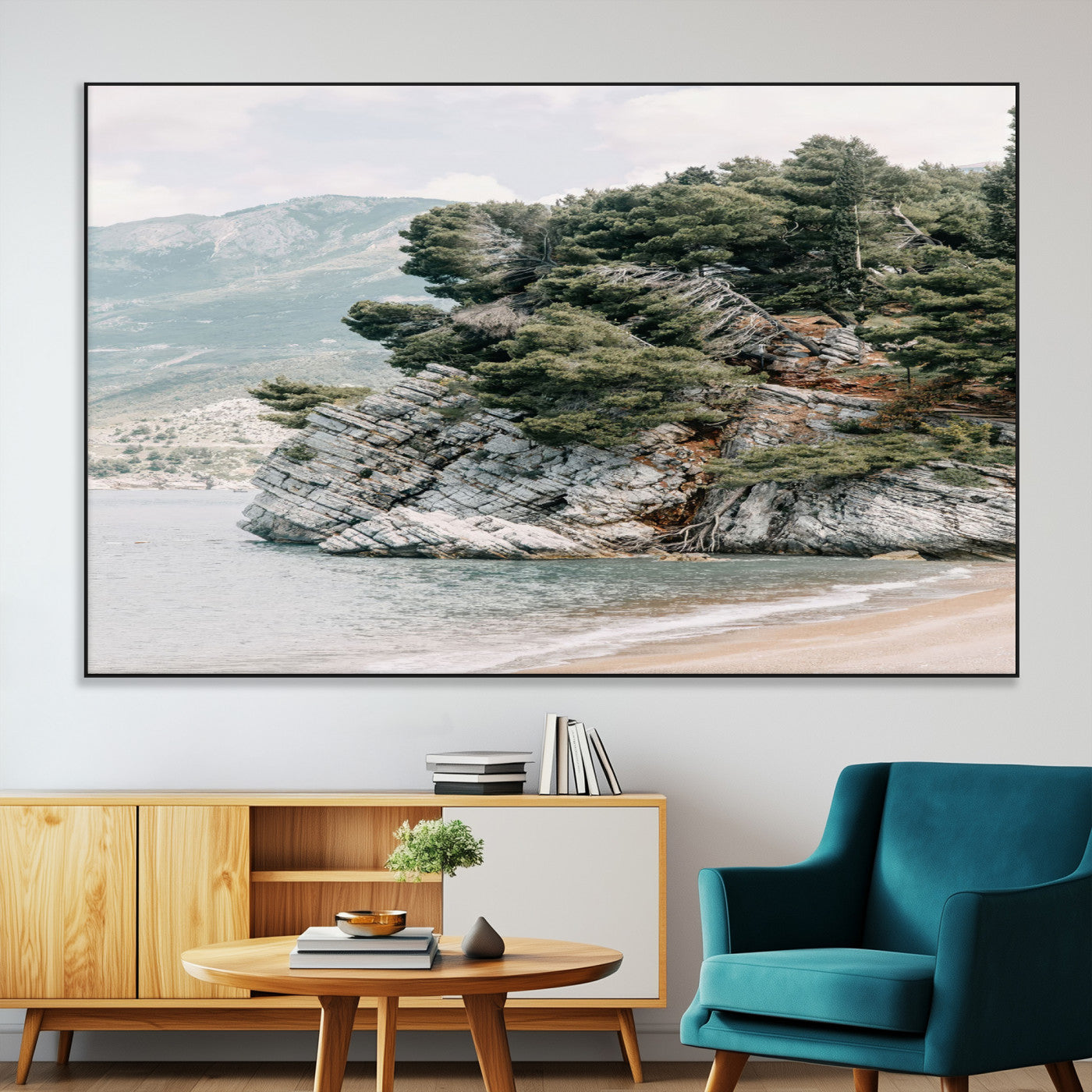 SEG-FC-51X34_Oversize - Coastal Rock Canvas Wall Art Print, Scenic Beach Landscape, Pine Trees on Rocky Cliff, Large Nature