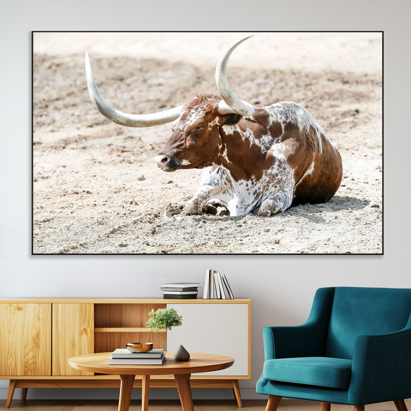 SEG-FC-51X34_Oversize - Majestic Longhorn Resting on Sunlit Desert Ground – Striking Western-Themed Wall Art Canvas Print