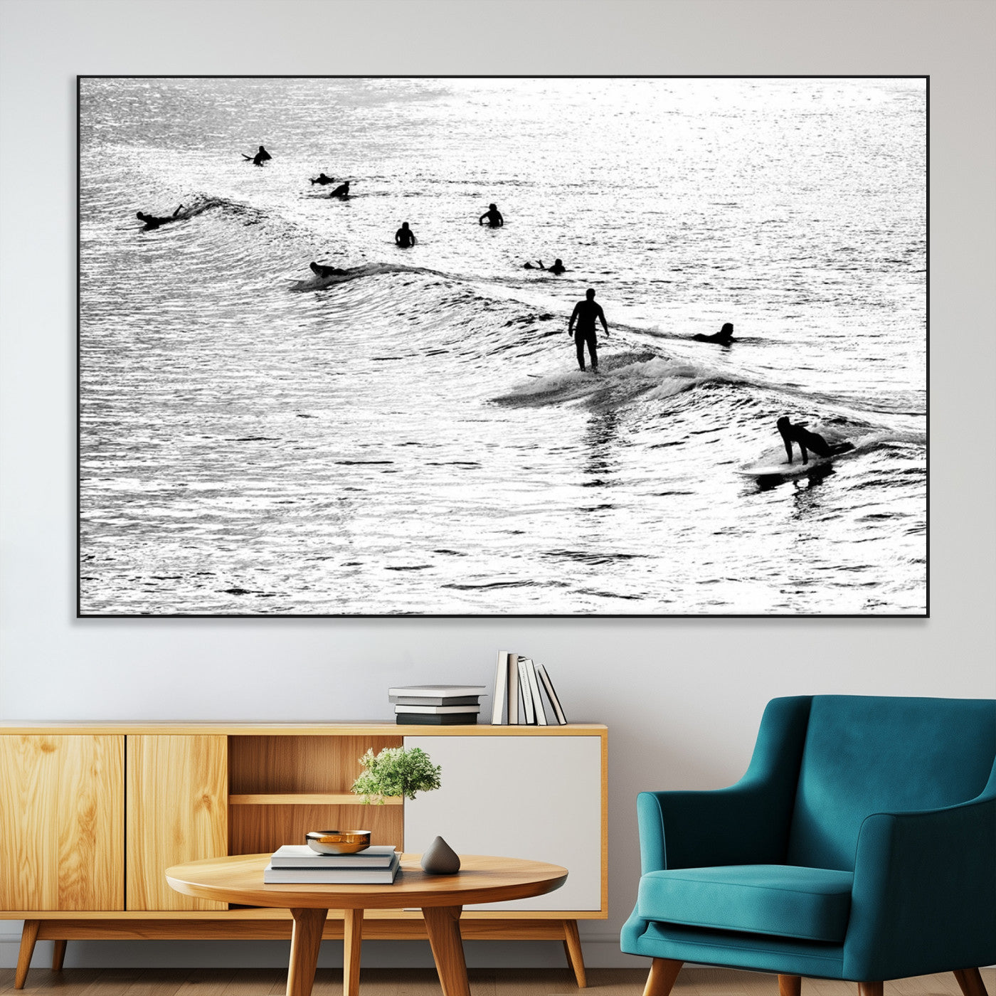 SEG-FC-51X34_Oversize - Black and White Surfers Riding Gentle Ocean Waves – Minimalist Coastal Photography Wall Art Canvas