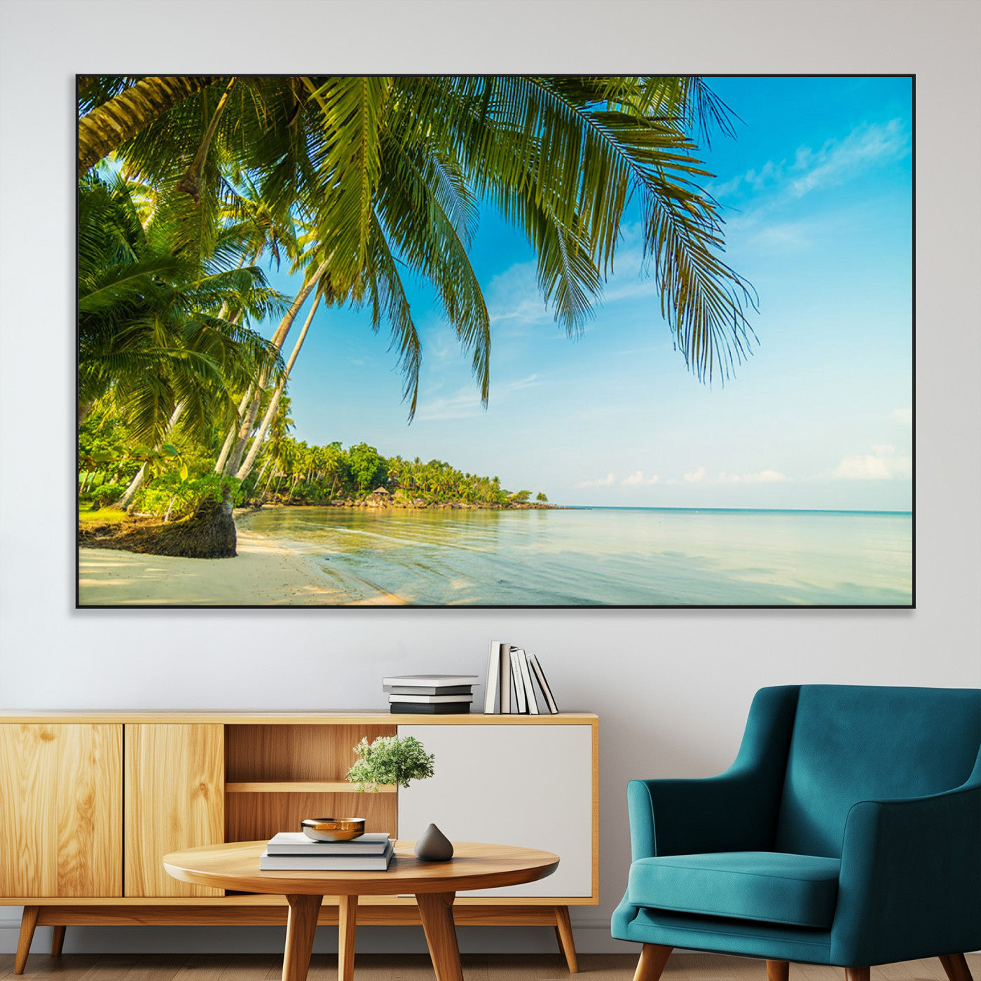 SEG-FC-51X34_Oversize - Peaceful Tropical Beach with Palm Trees and Calm Blue Sea – Serene Coastal Wall Art Canvas Print for